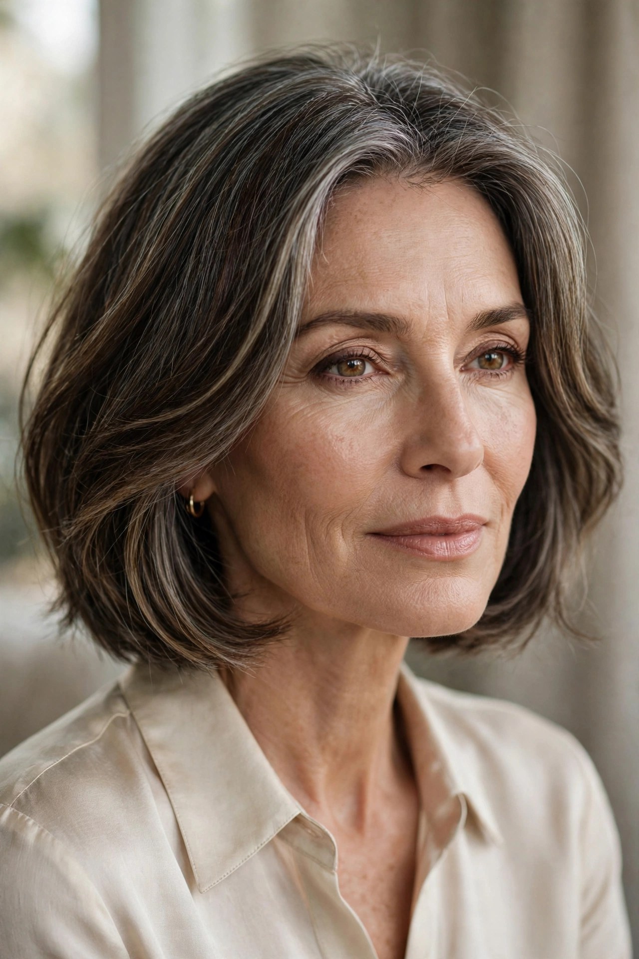Chin bob with gray seamlessly blended into brunette