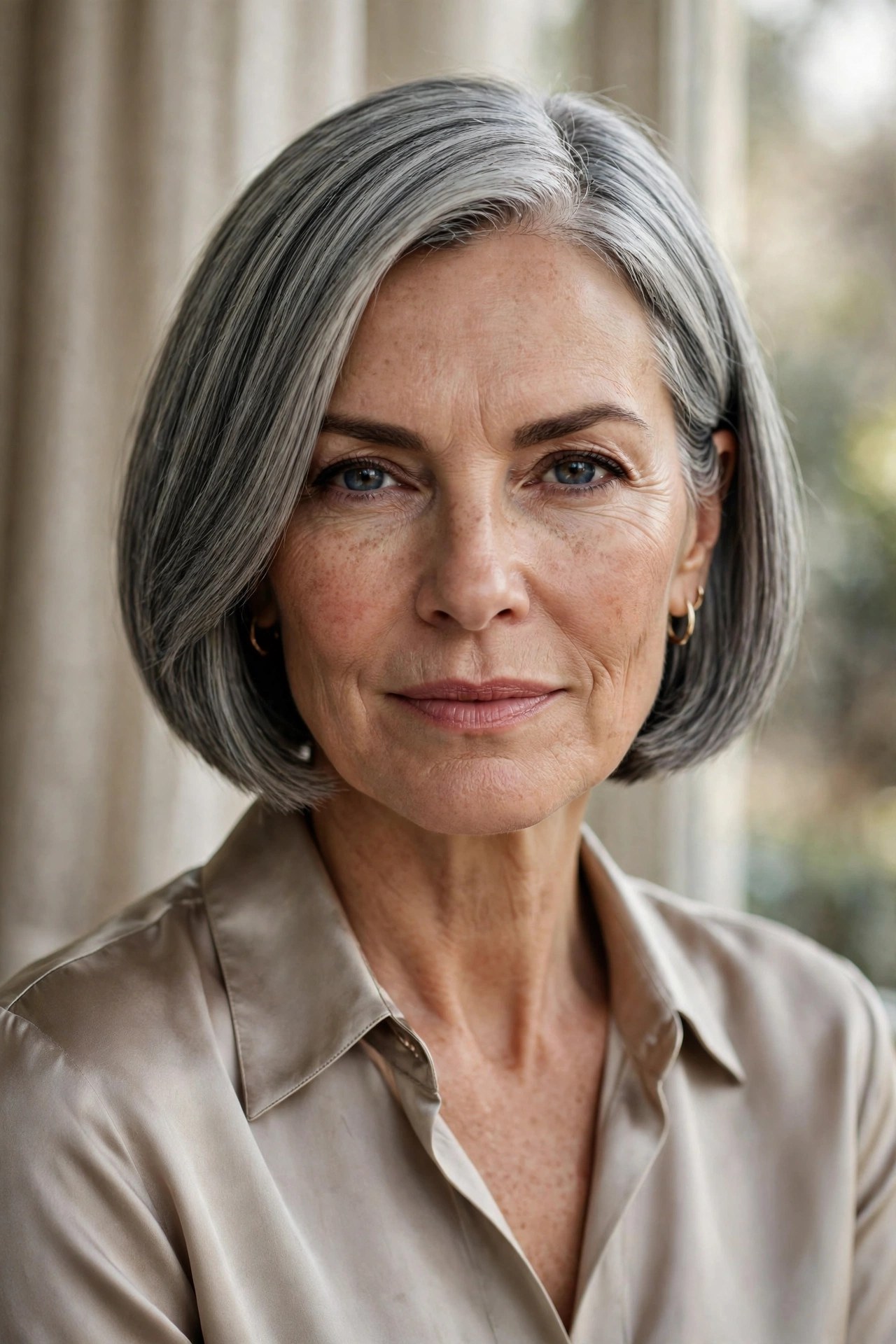 Sharp salt-and-pepper chin bob