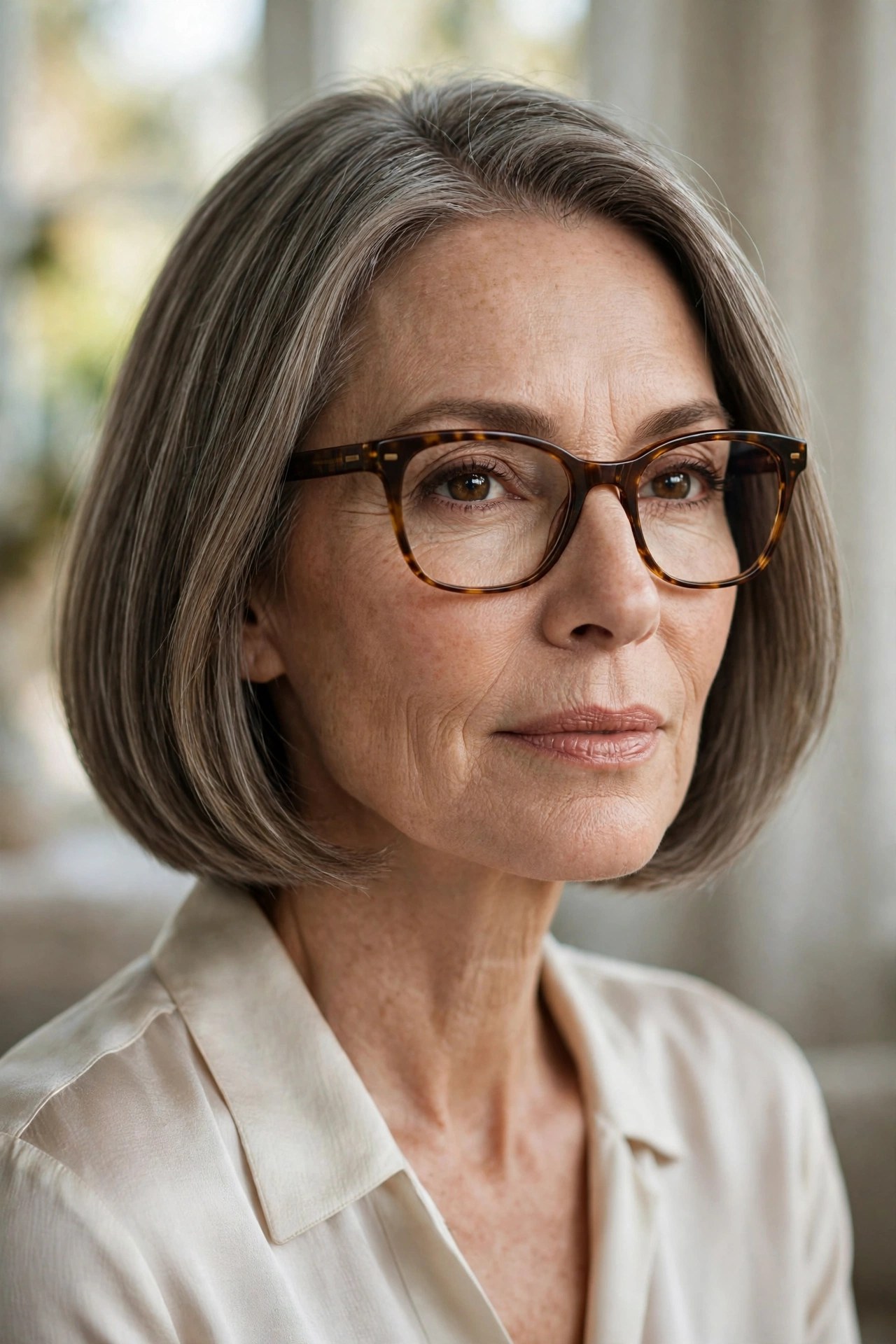 Woman with glasses wearing a gray-brown chin bob