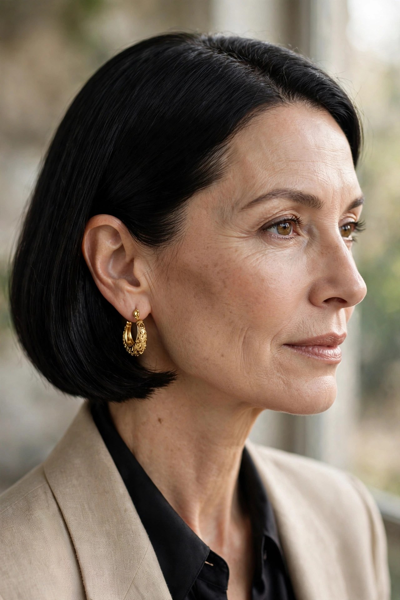 Black chin bob tucked to showcase gold earrings