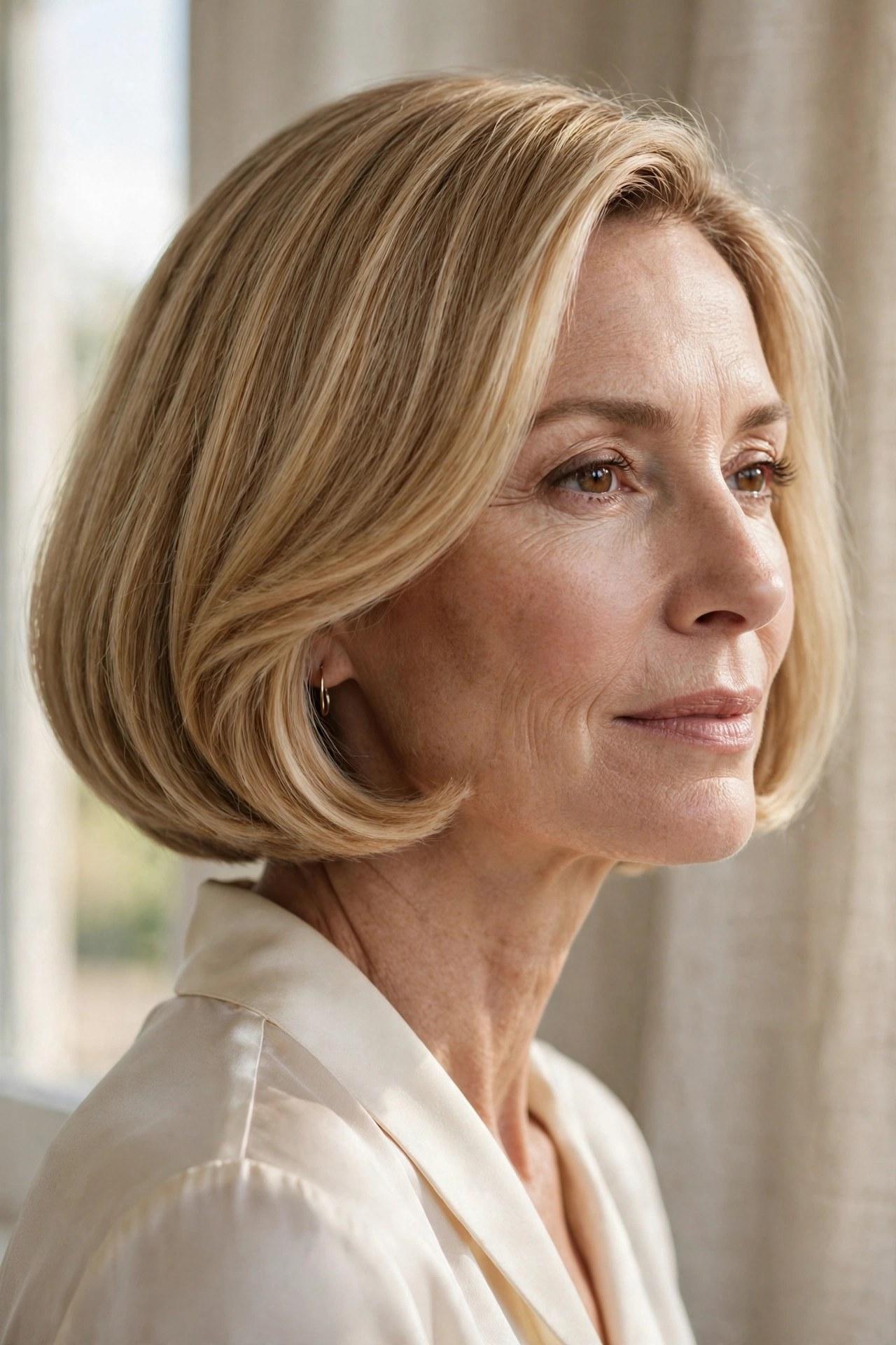 Medium blonde chin bob with smooth contoured turned-under ends