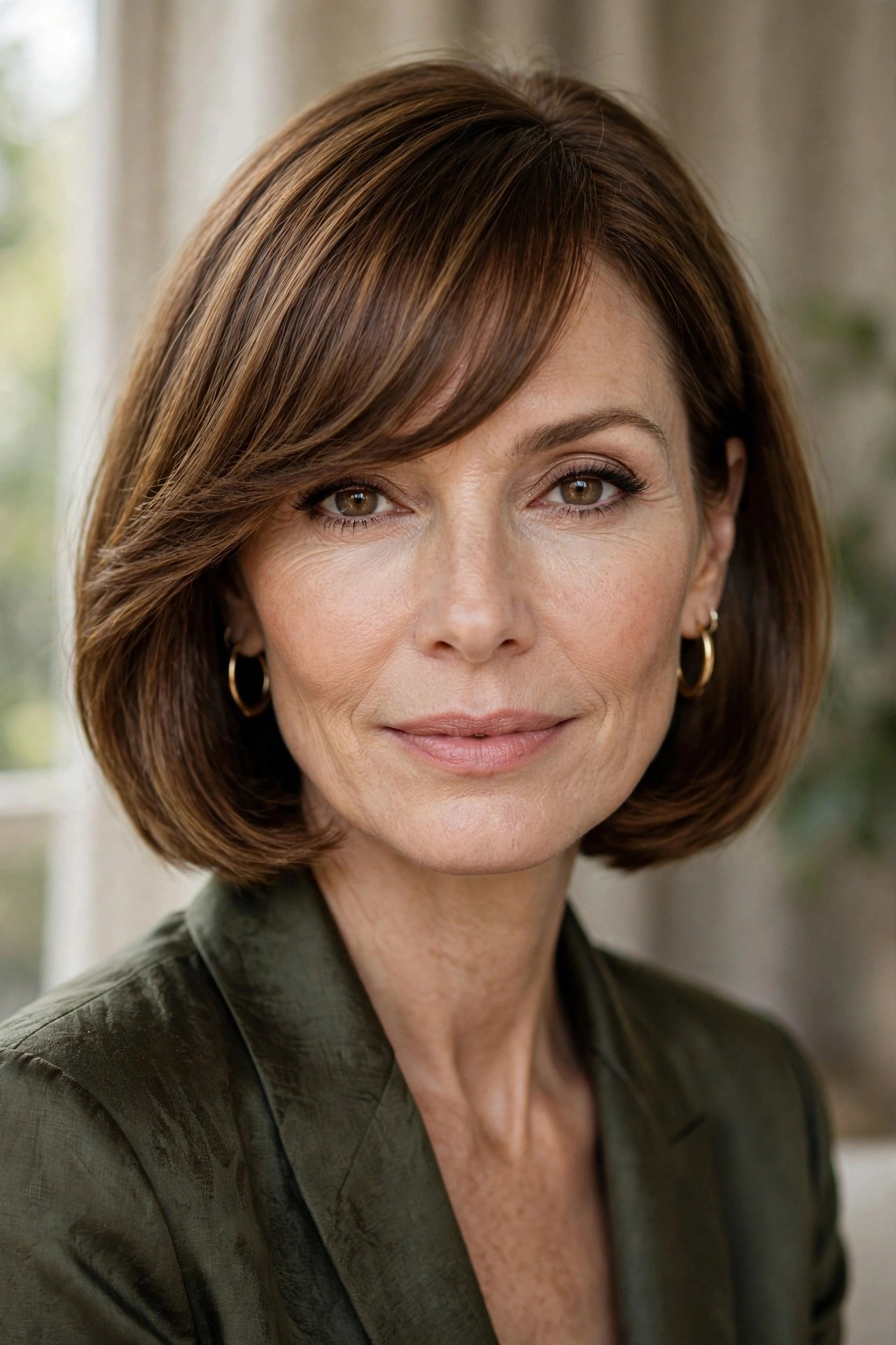 Warm brown chin bob with long swooping bang