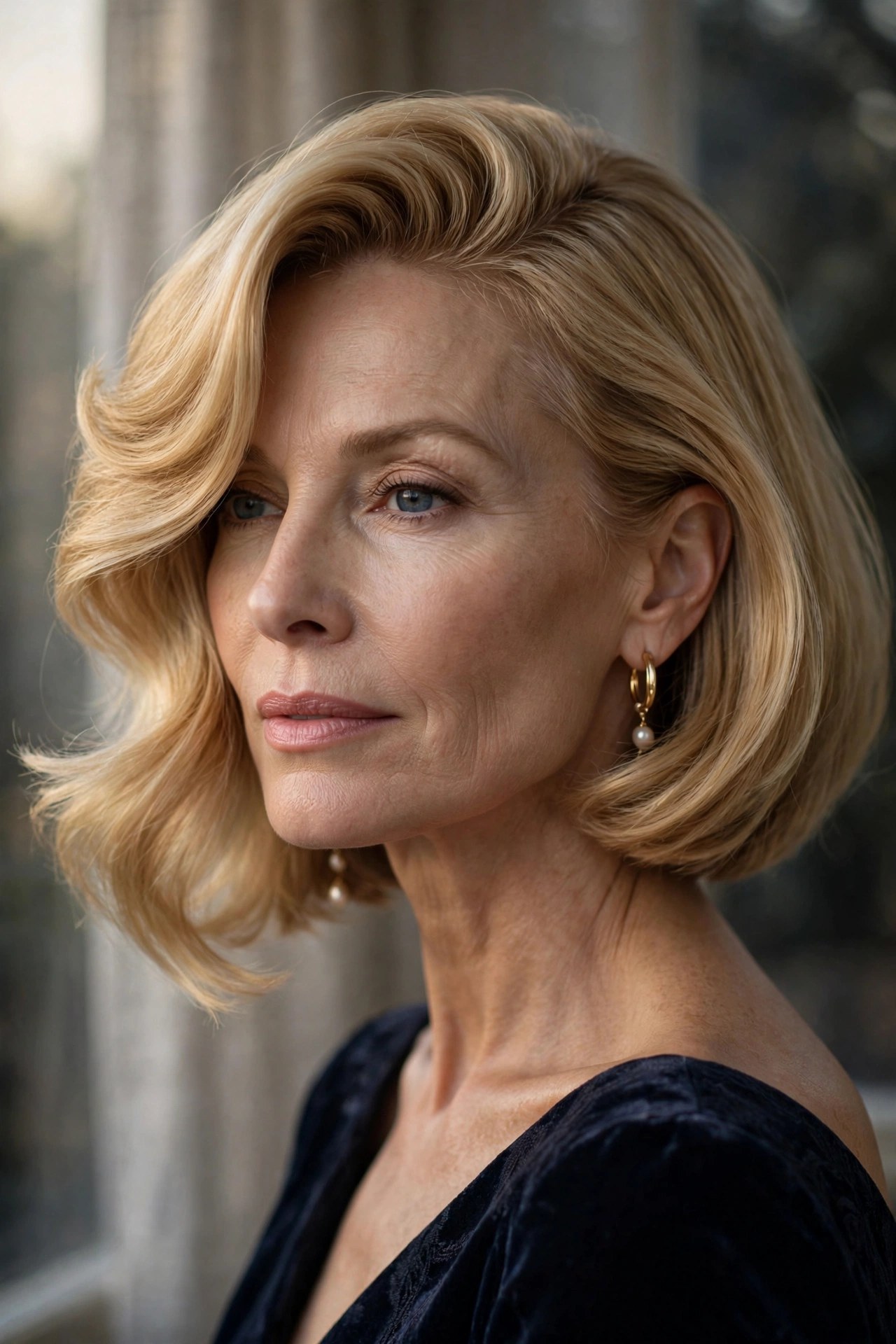 Golden blonde chin bob swept to one side