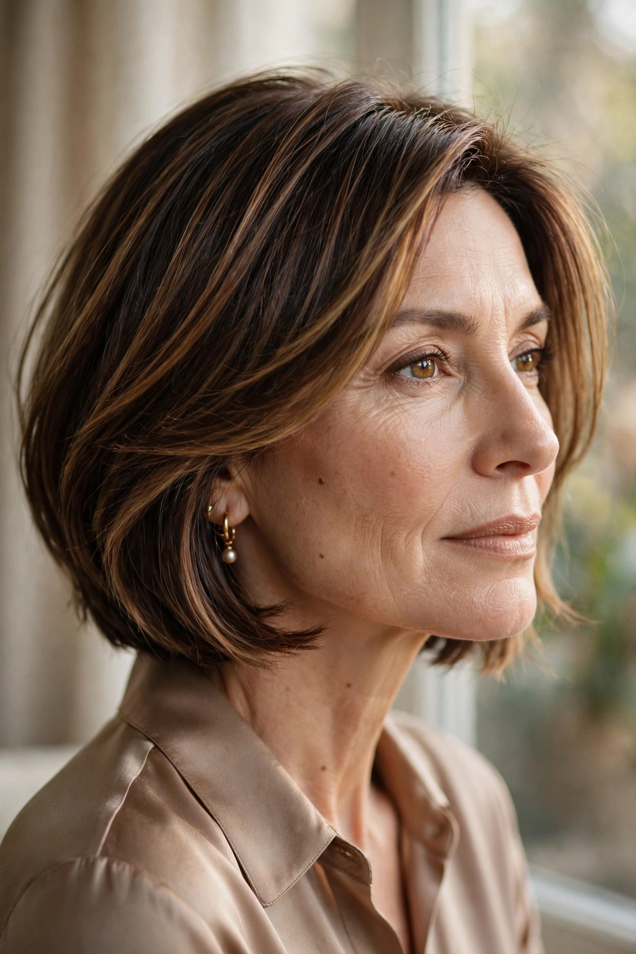 Dimensional brunette chin bob with espresso mocha and caramel tones