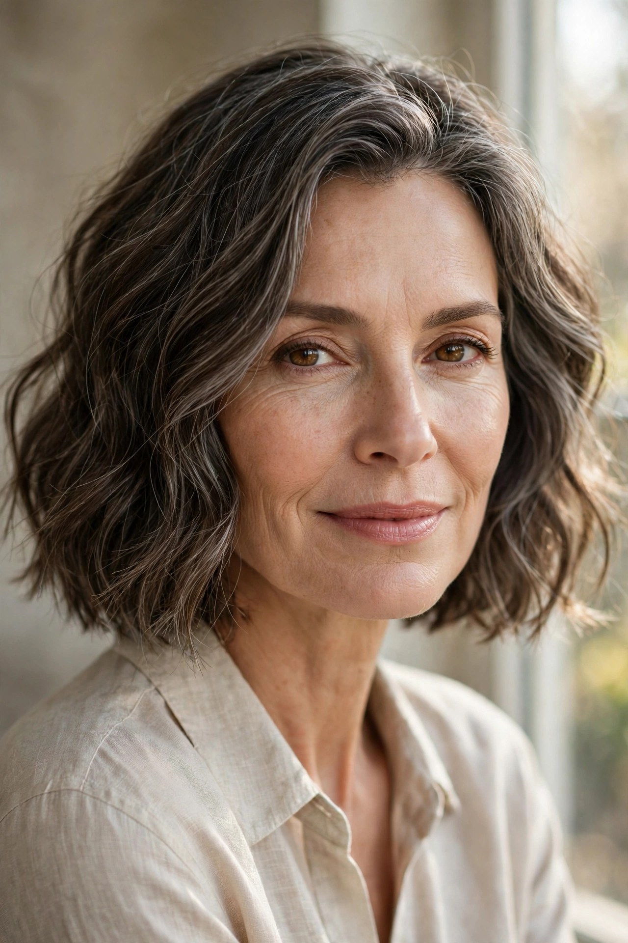 Chin bob with natural wavy texture and gray streaks