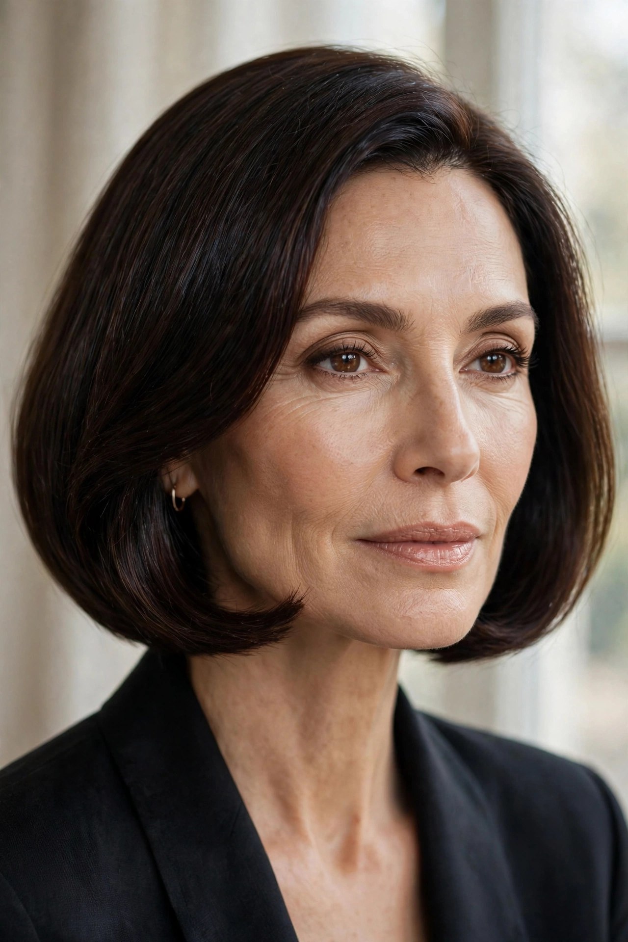 Polished curved deep brunette chin bob