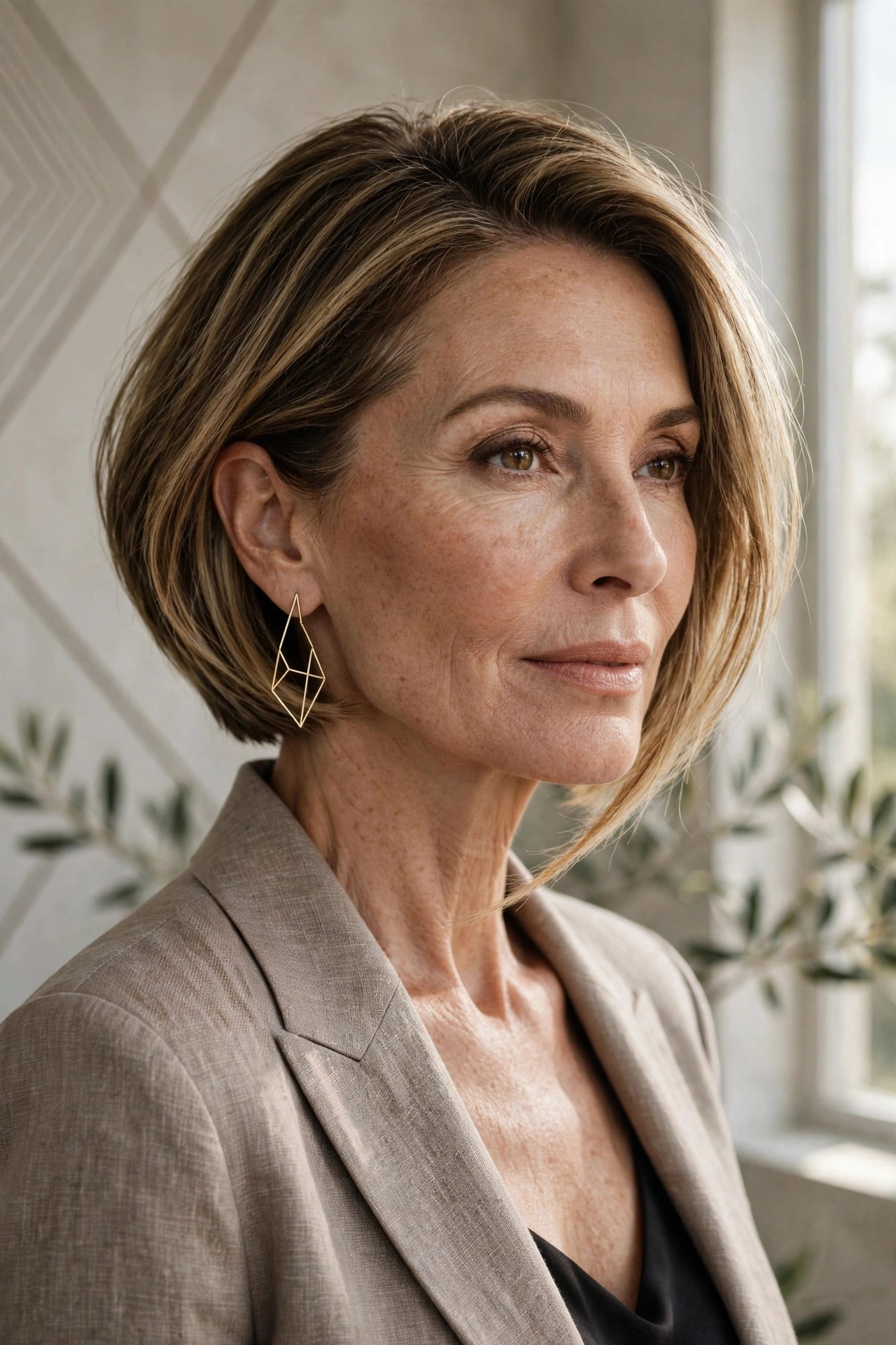 Angled dark blonde chin bob longer in front