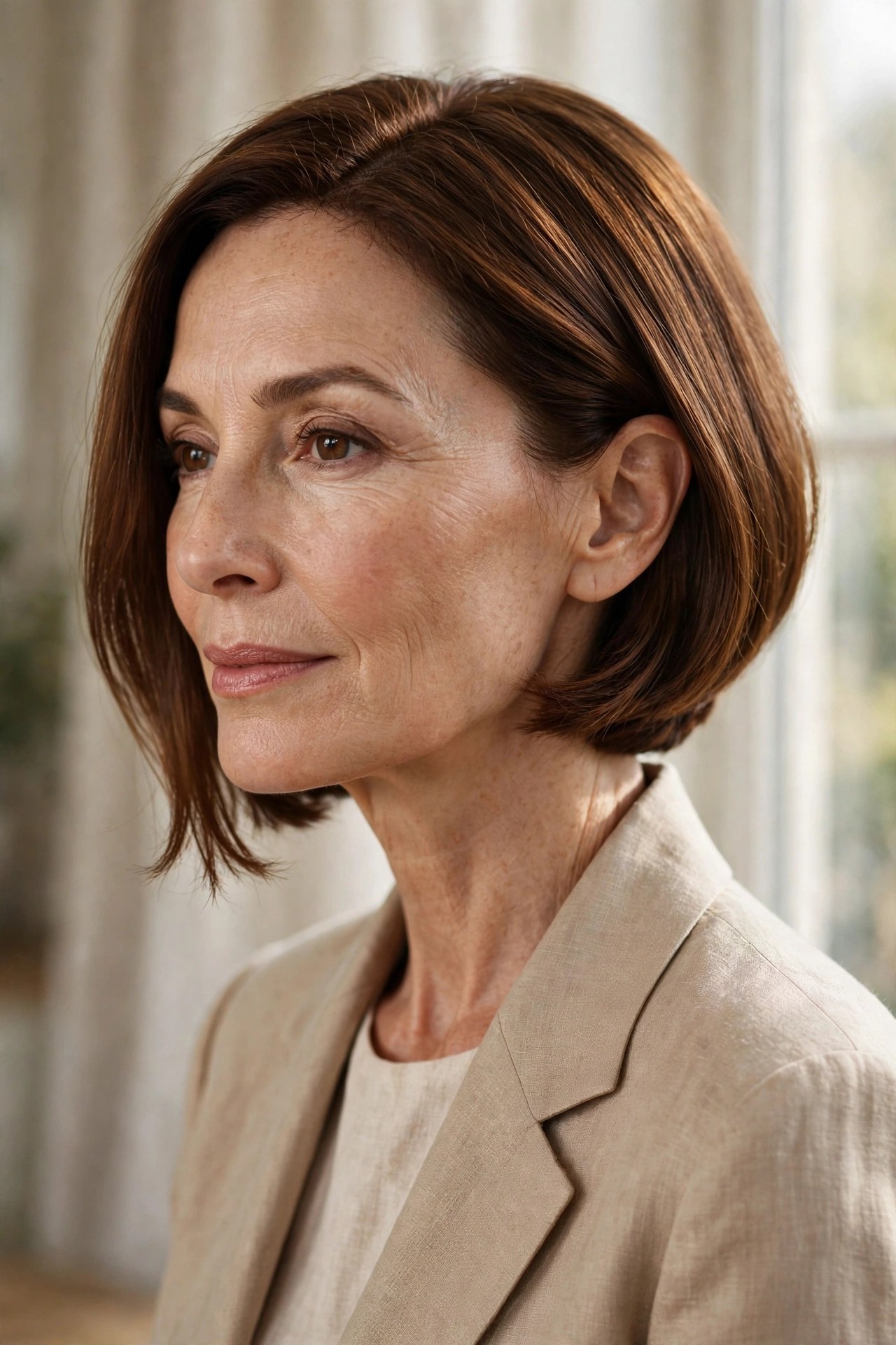Gentle A-line chestnut chin bob