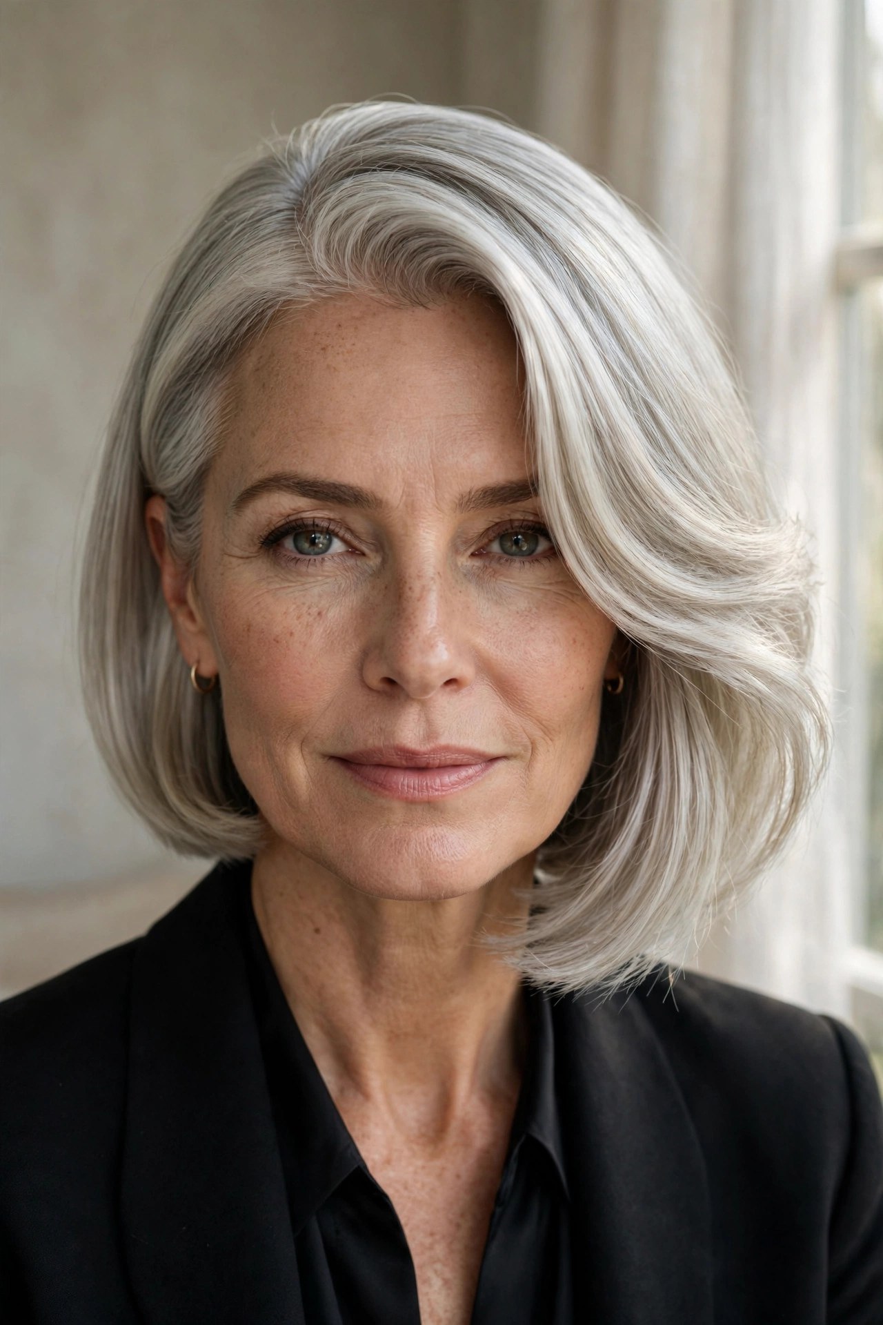 Silver-blonde chin bob with confident deep side part