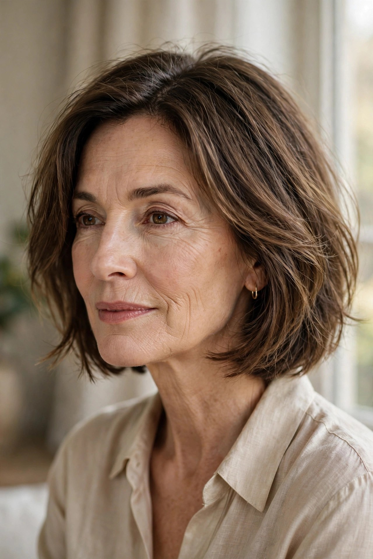 Neat brown chin bob growing out gracefully