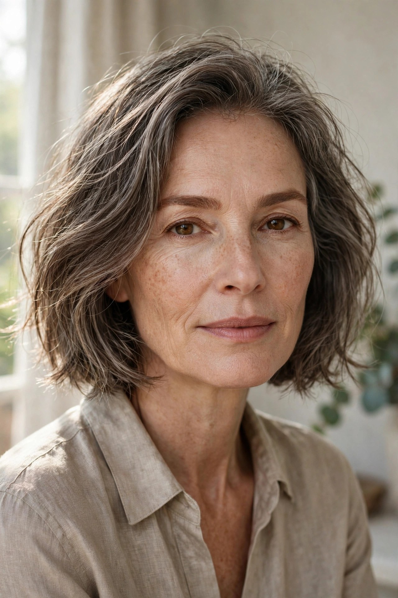 Minimal-styling natural gray-brown chin bob