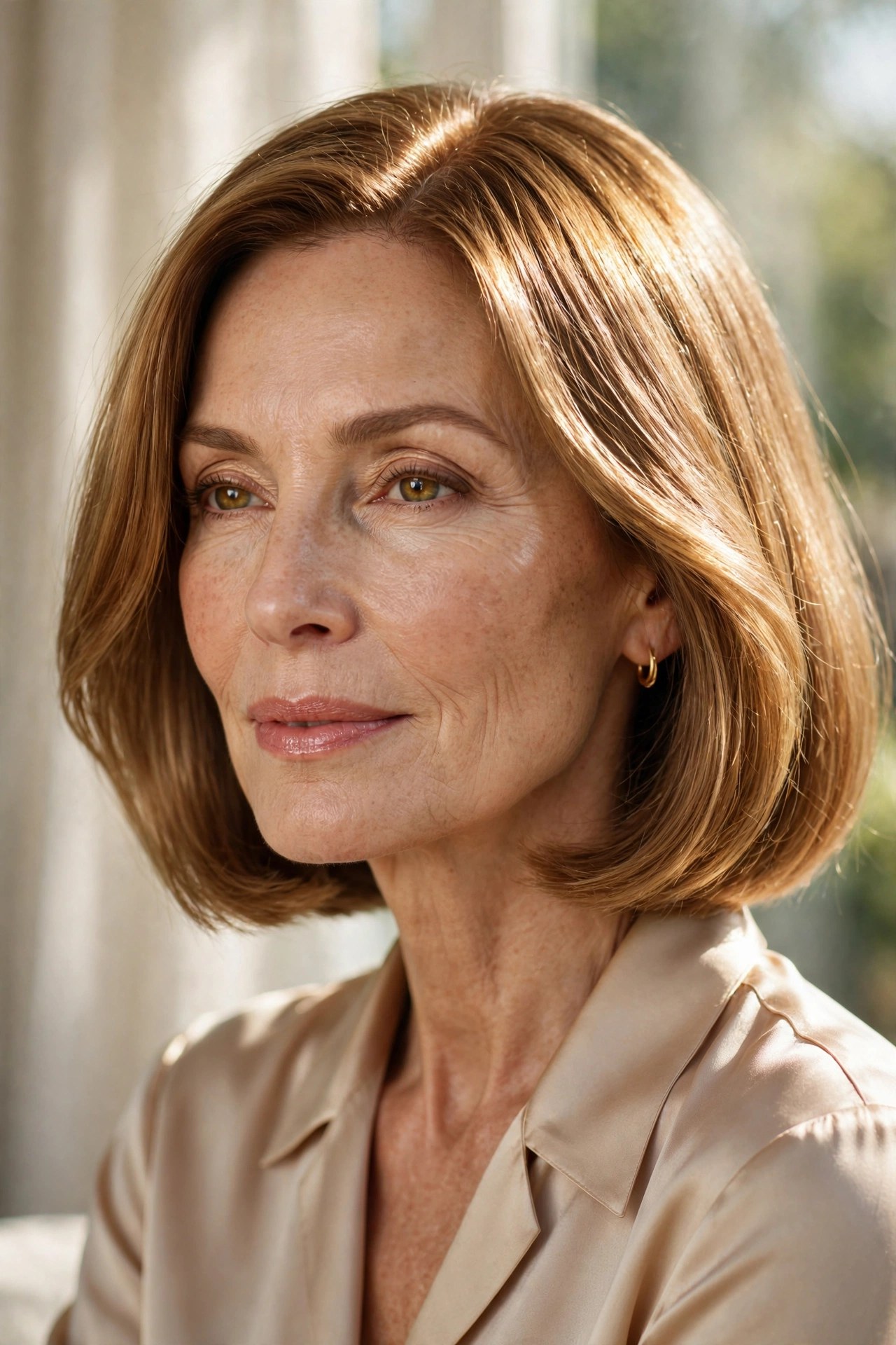 Glossy golden brown light-catching chin bob