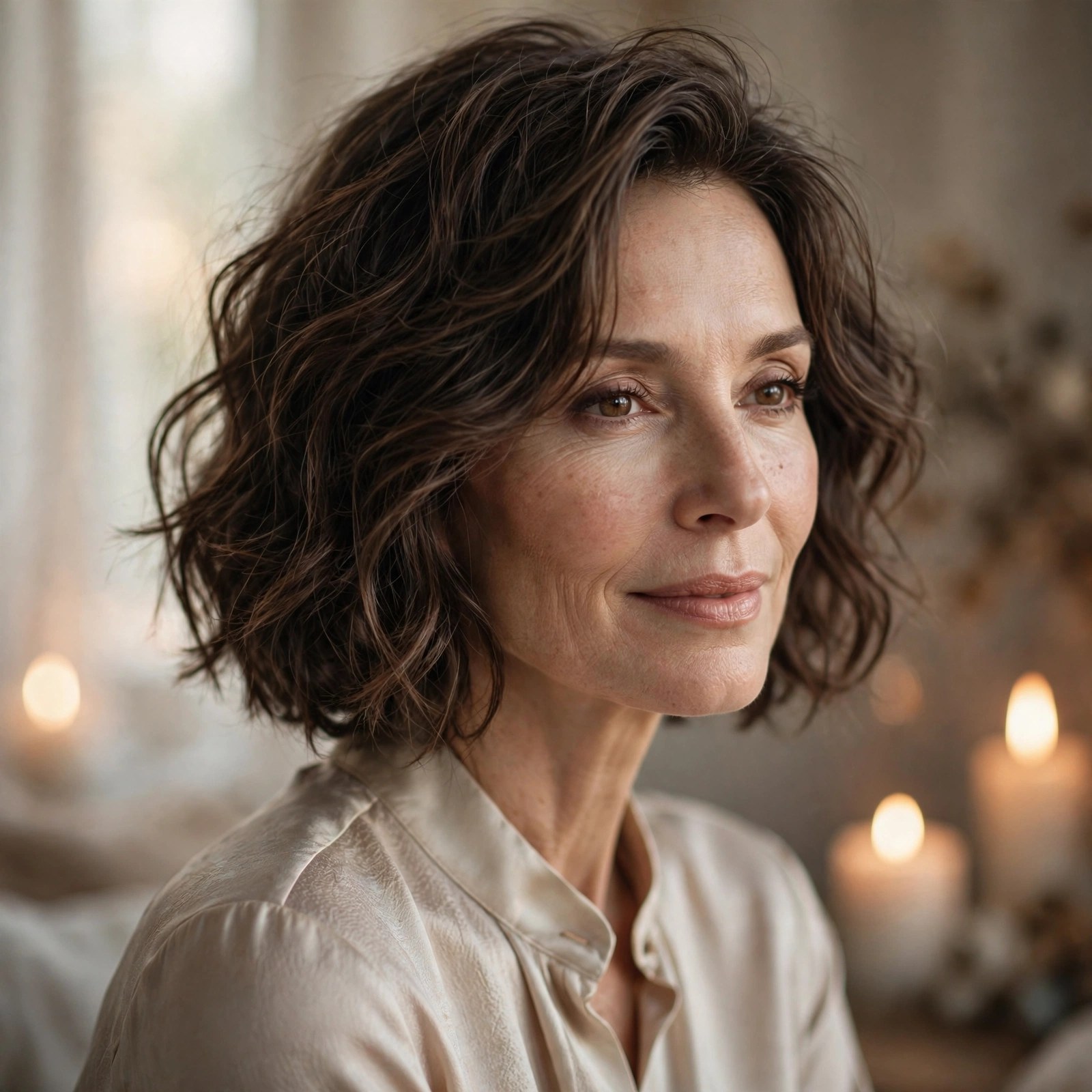 Romantic wavy tousled brunette chin bob