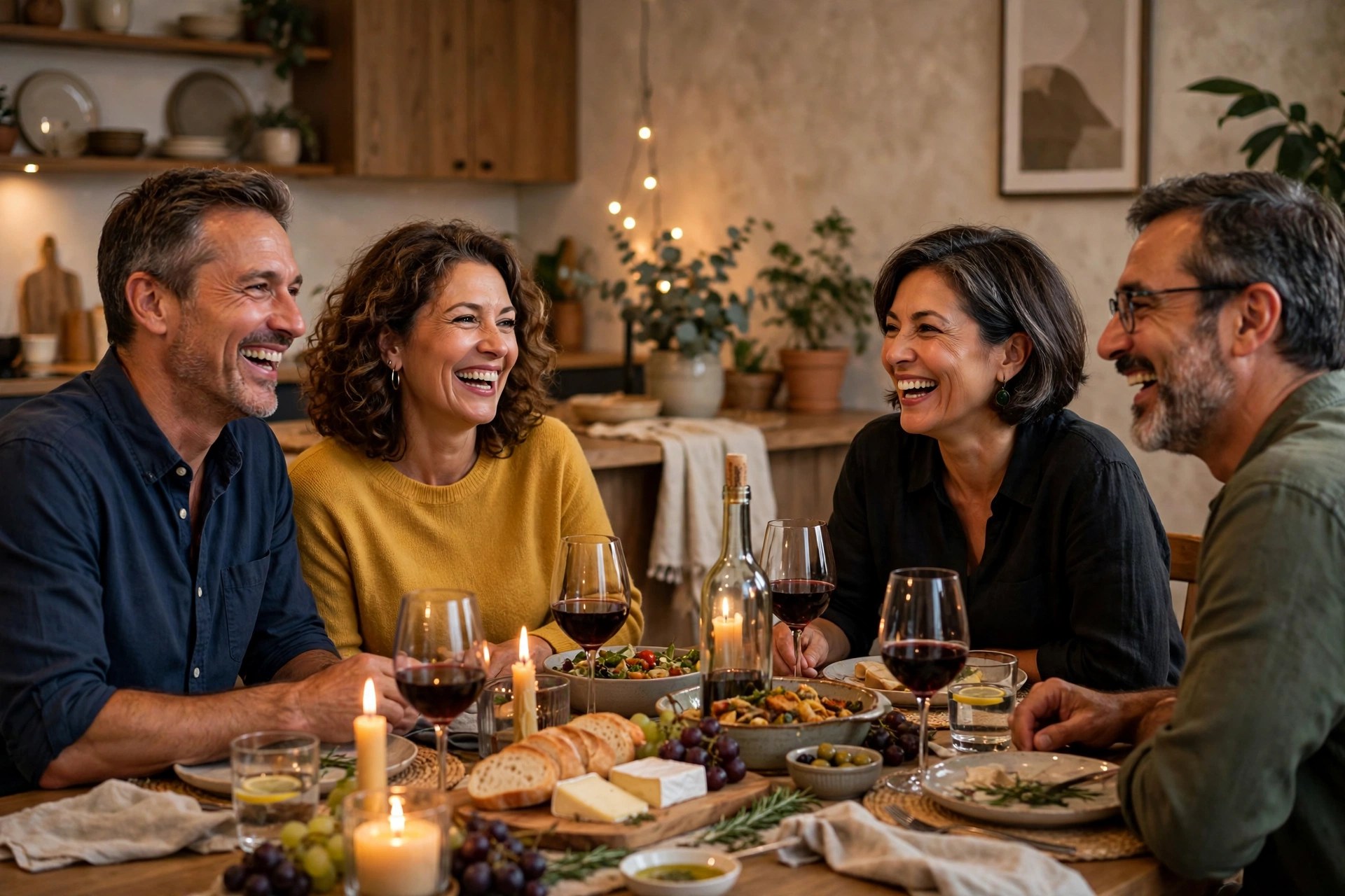 Two mature couples enjoying a dinner party at home around a dining table