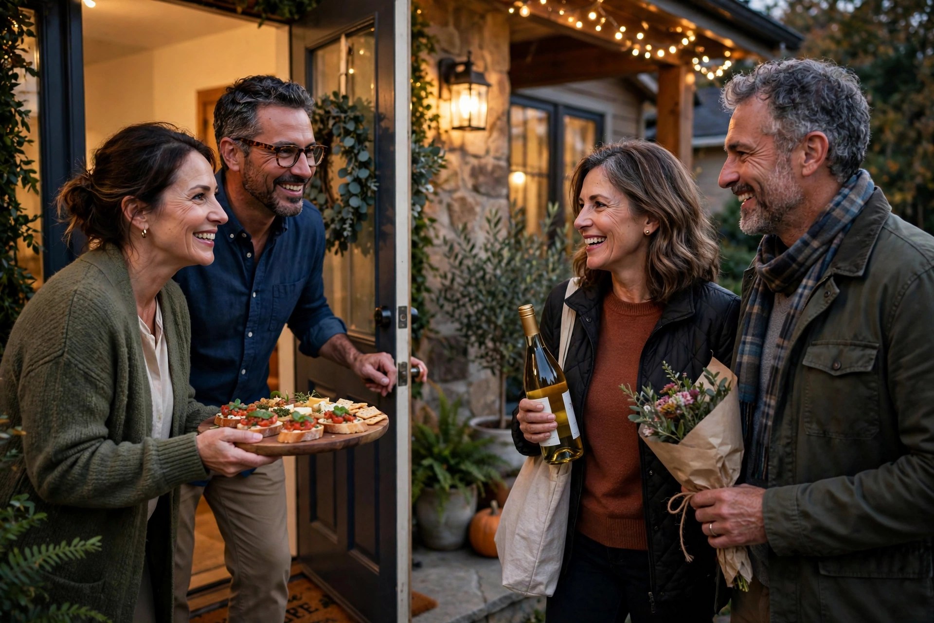 Two mature couples arriving at a home for a progressive dinner