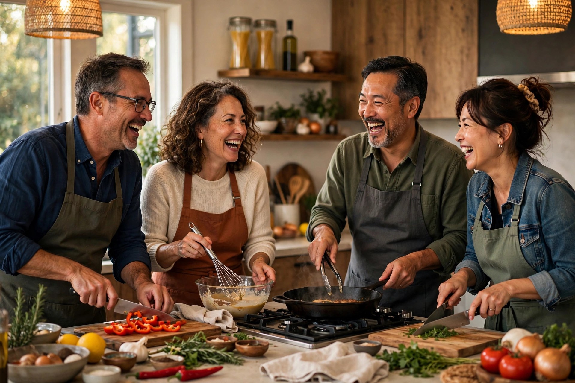 Two mature couples in a couples versus couples cook-off in a kitchen