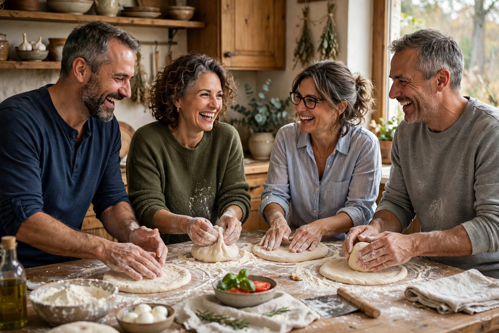 Two mature couples making pizzas together at home