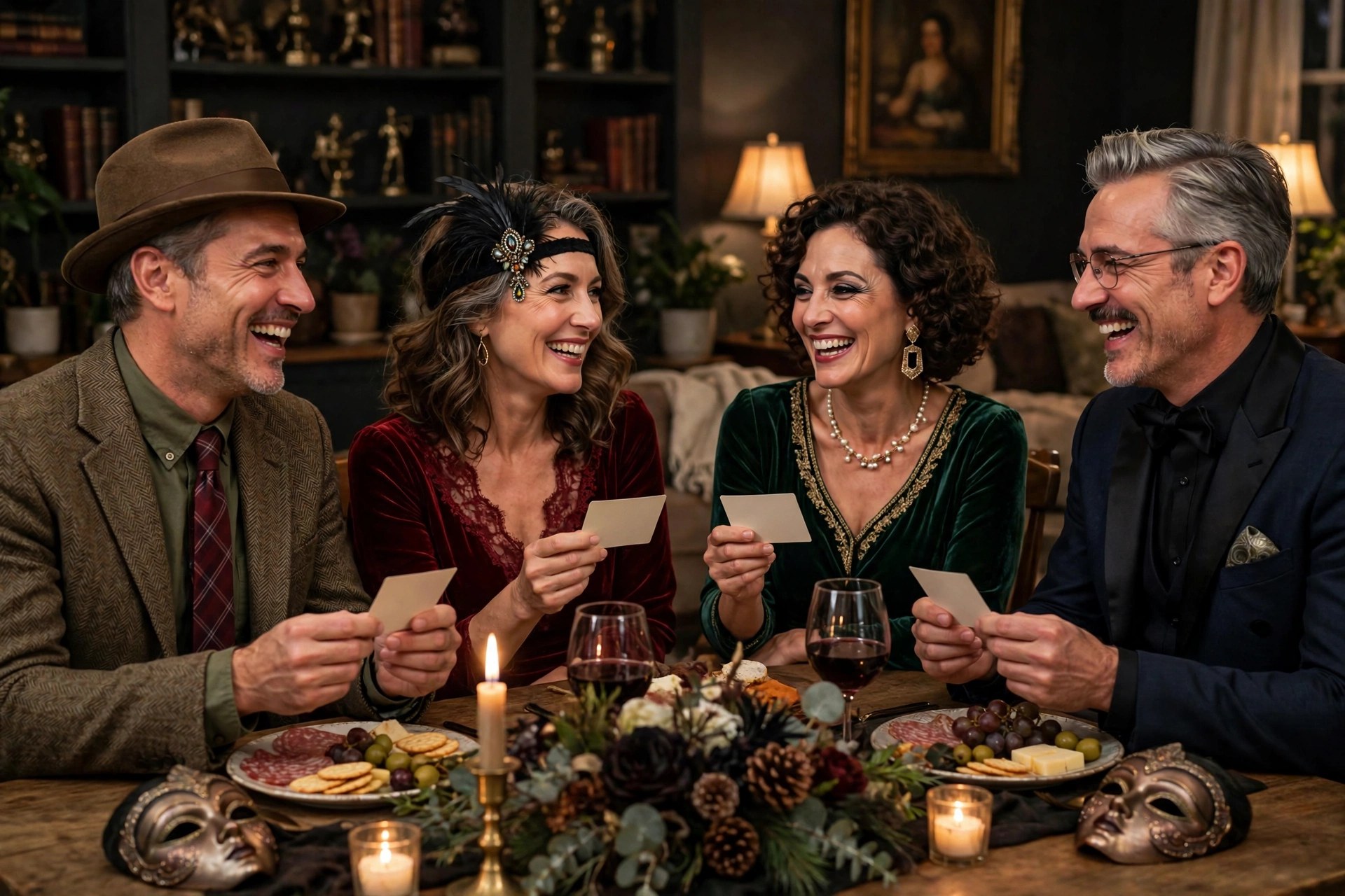 Two mature couples in costume at a murder mystery dinner