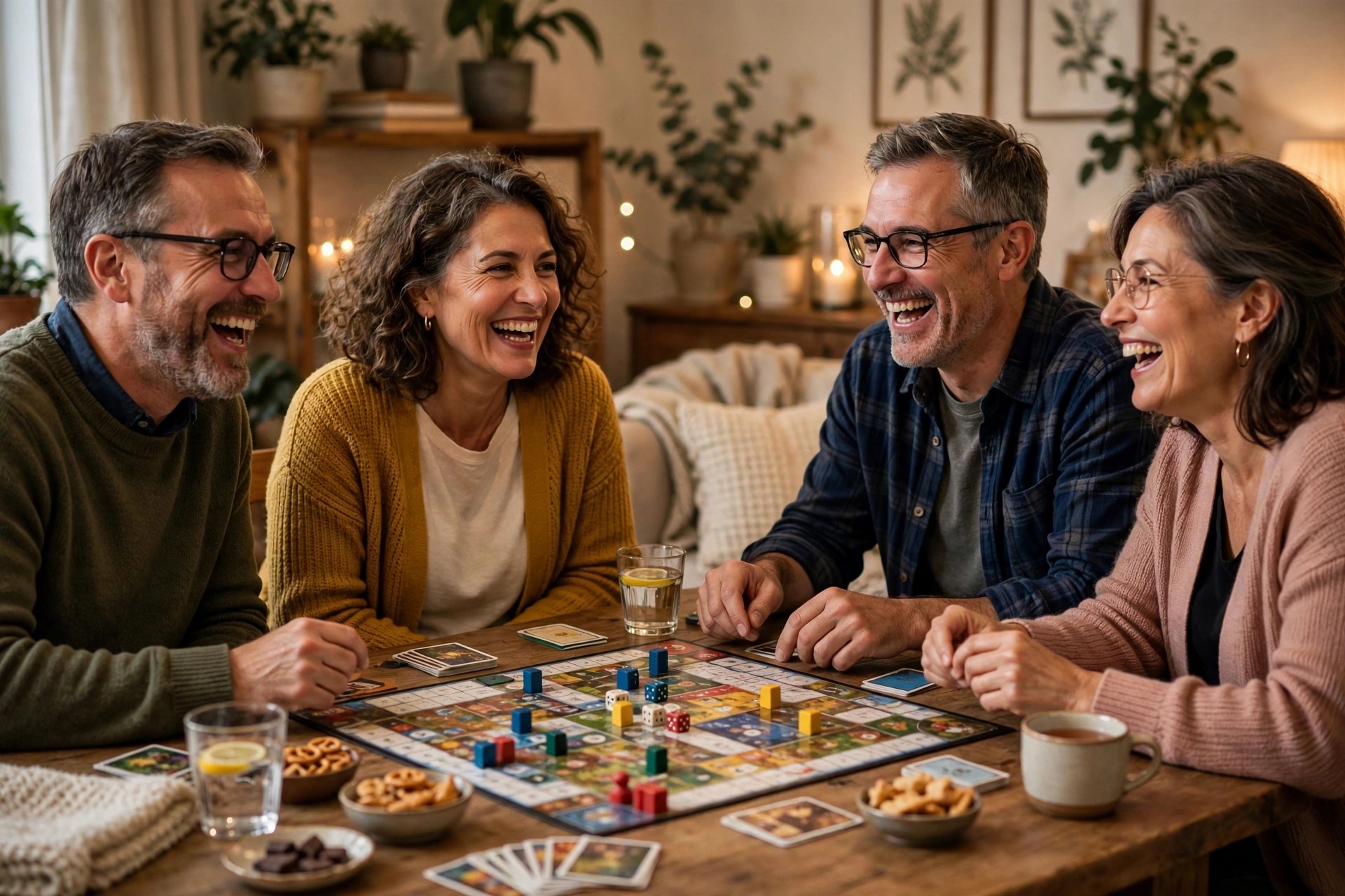 Two mature couples in a board game tournament around a table