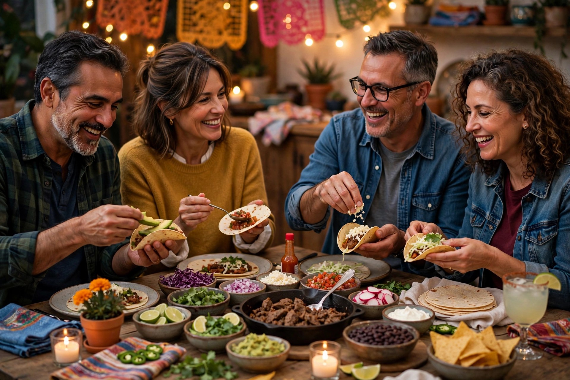 Two mature couples at a themed taco potluck night
