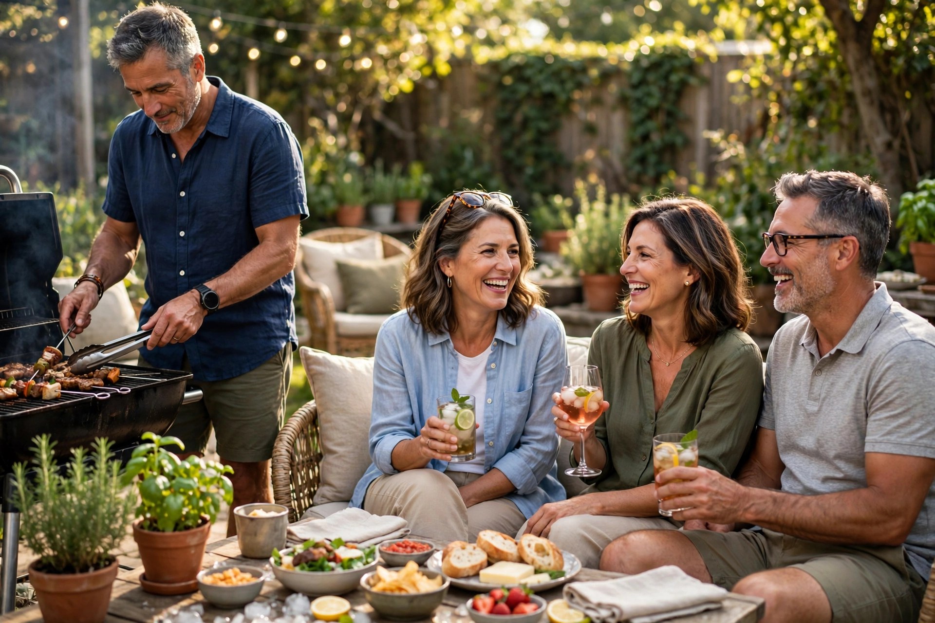 Two mature couples at a backyard BBQ cookout with a grill