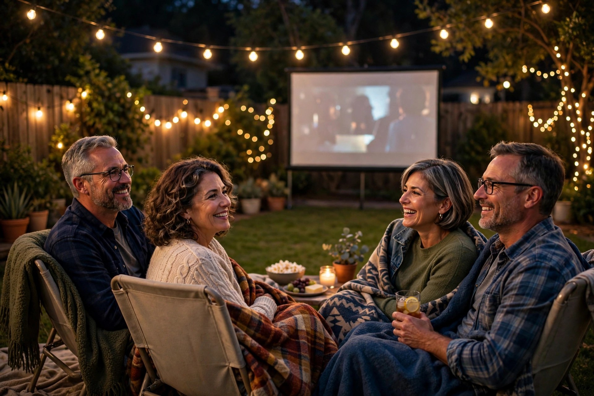 Two mature couples watching an outdoor projector movie in a backyard