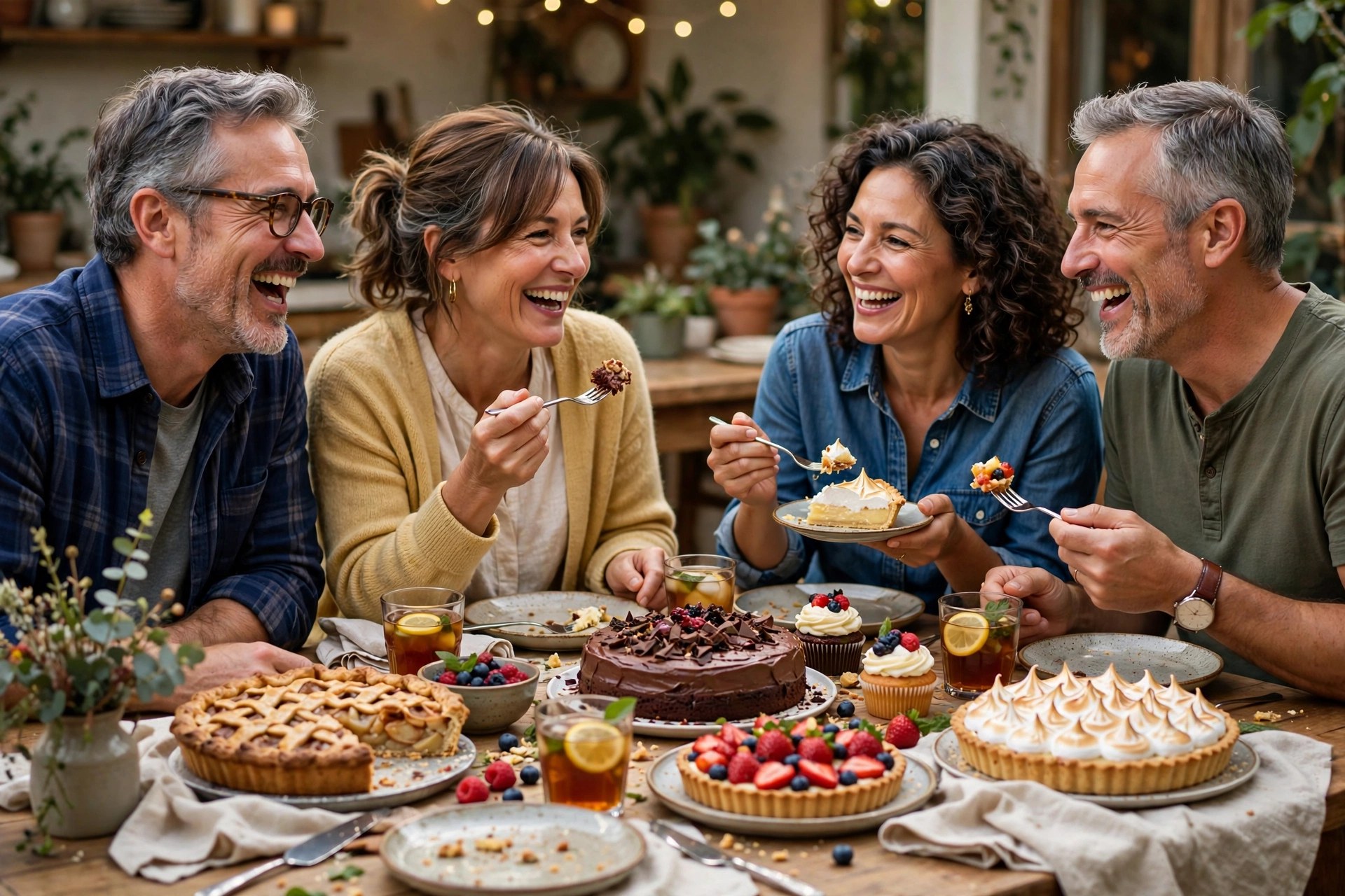 Two mature couples tasting desserts at a dessert party