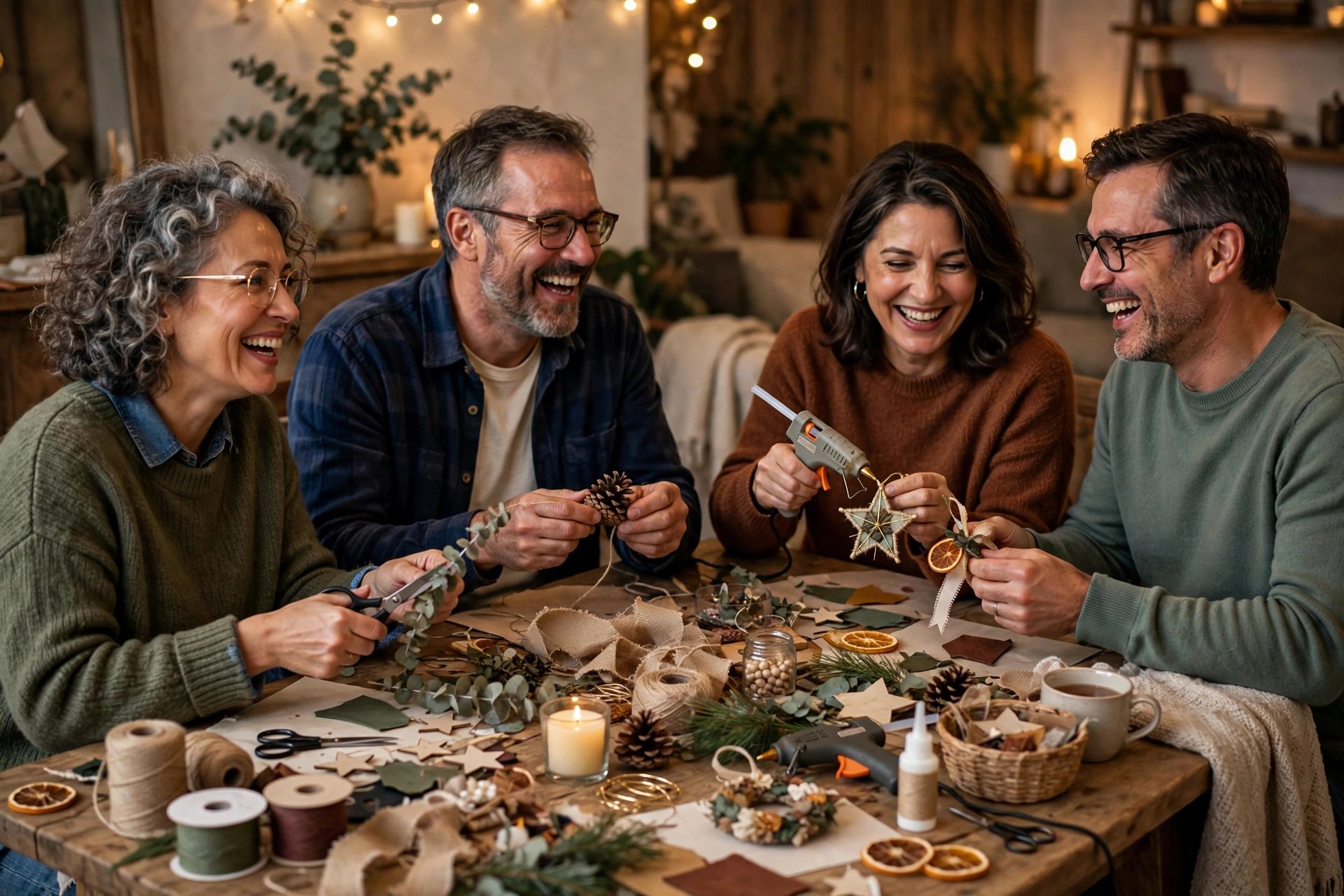 Two mature couples making crafts together at a craft night