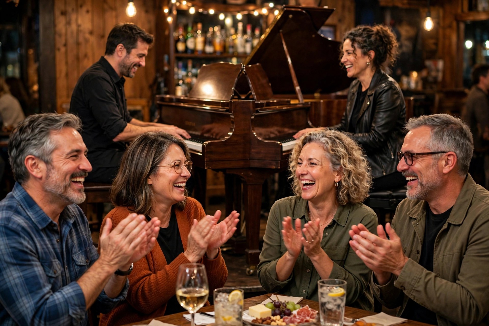 Two mature couples at a dueling pianos bar, clapping