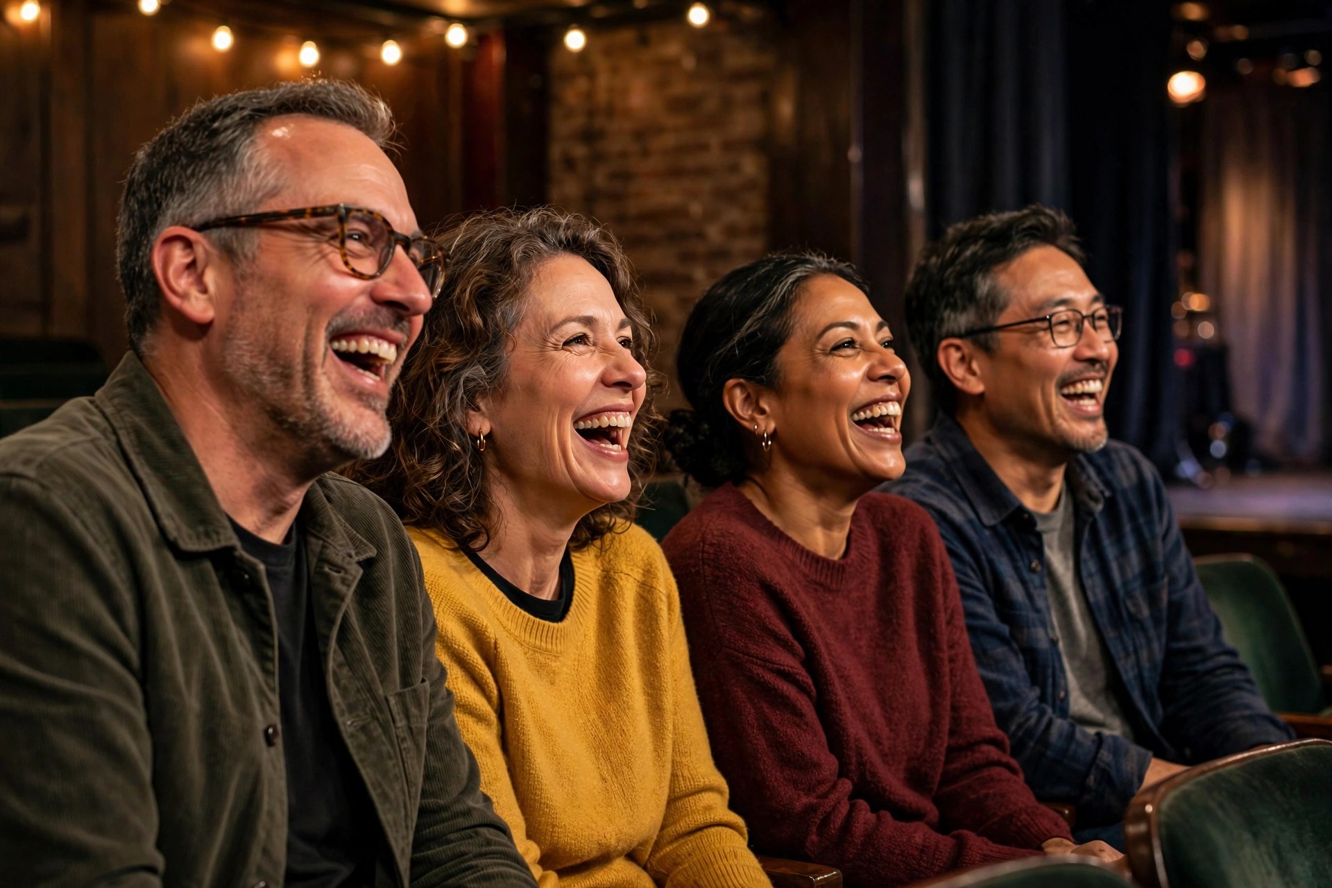 Two mature couples laughing at an improv comedy show