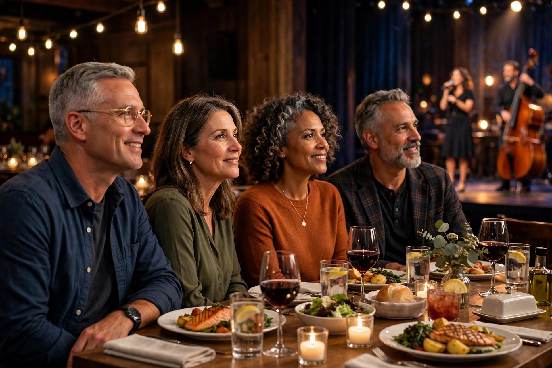 Two mature couples at a dinner theater watching performers