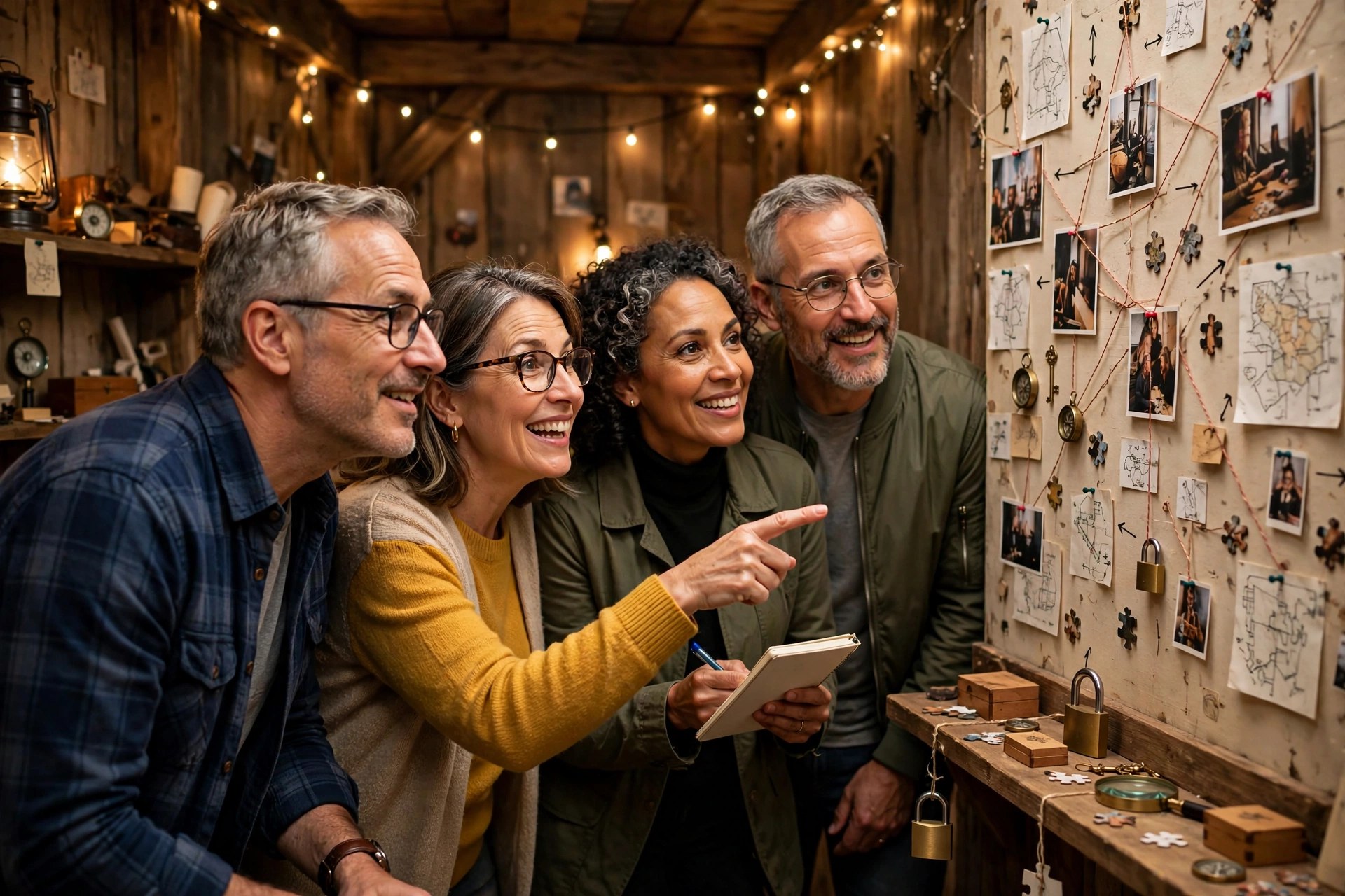 Two mature couples solving puzzles in an escape room