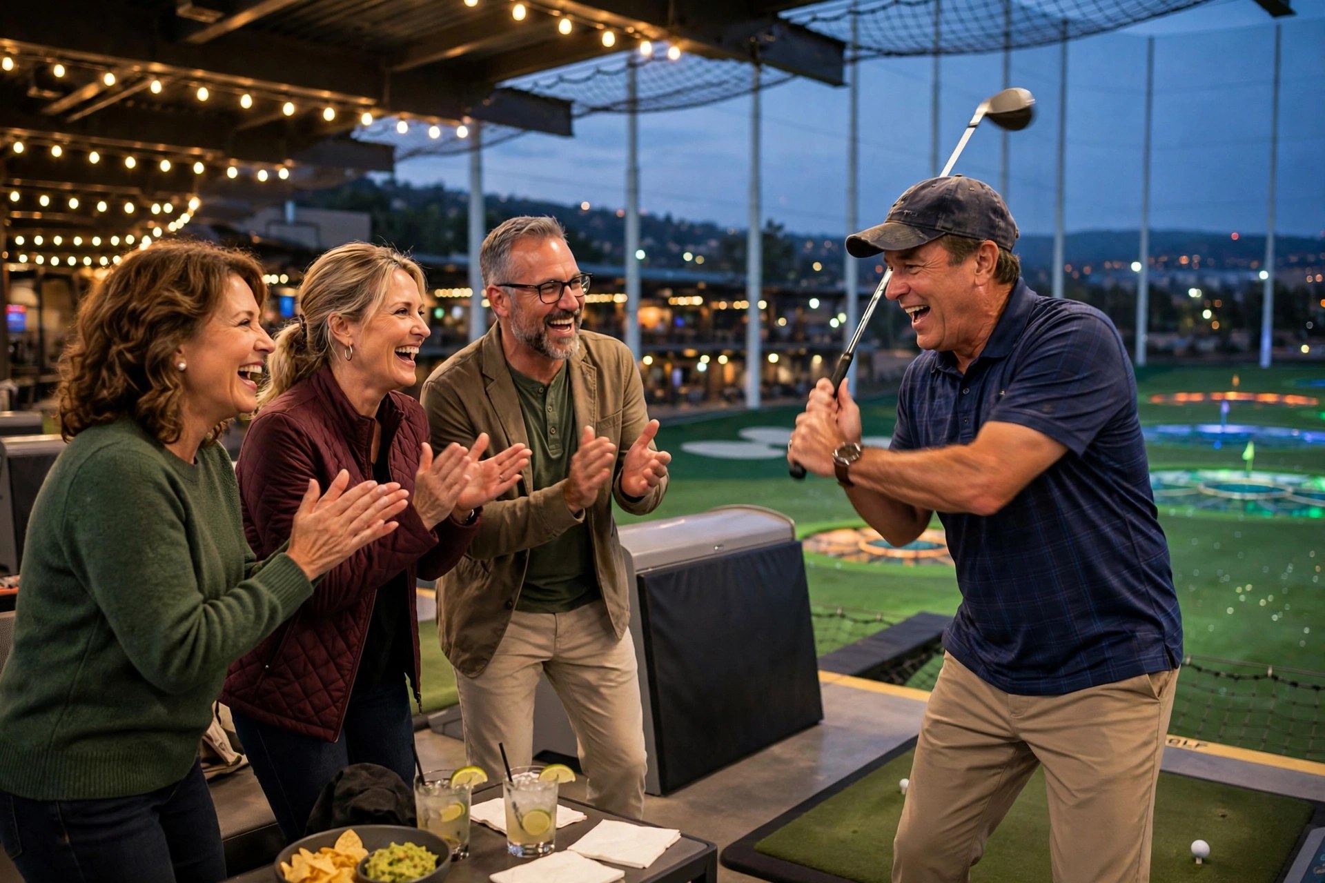 Two mature couples at a Topgolf driving range in the evening