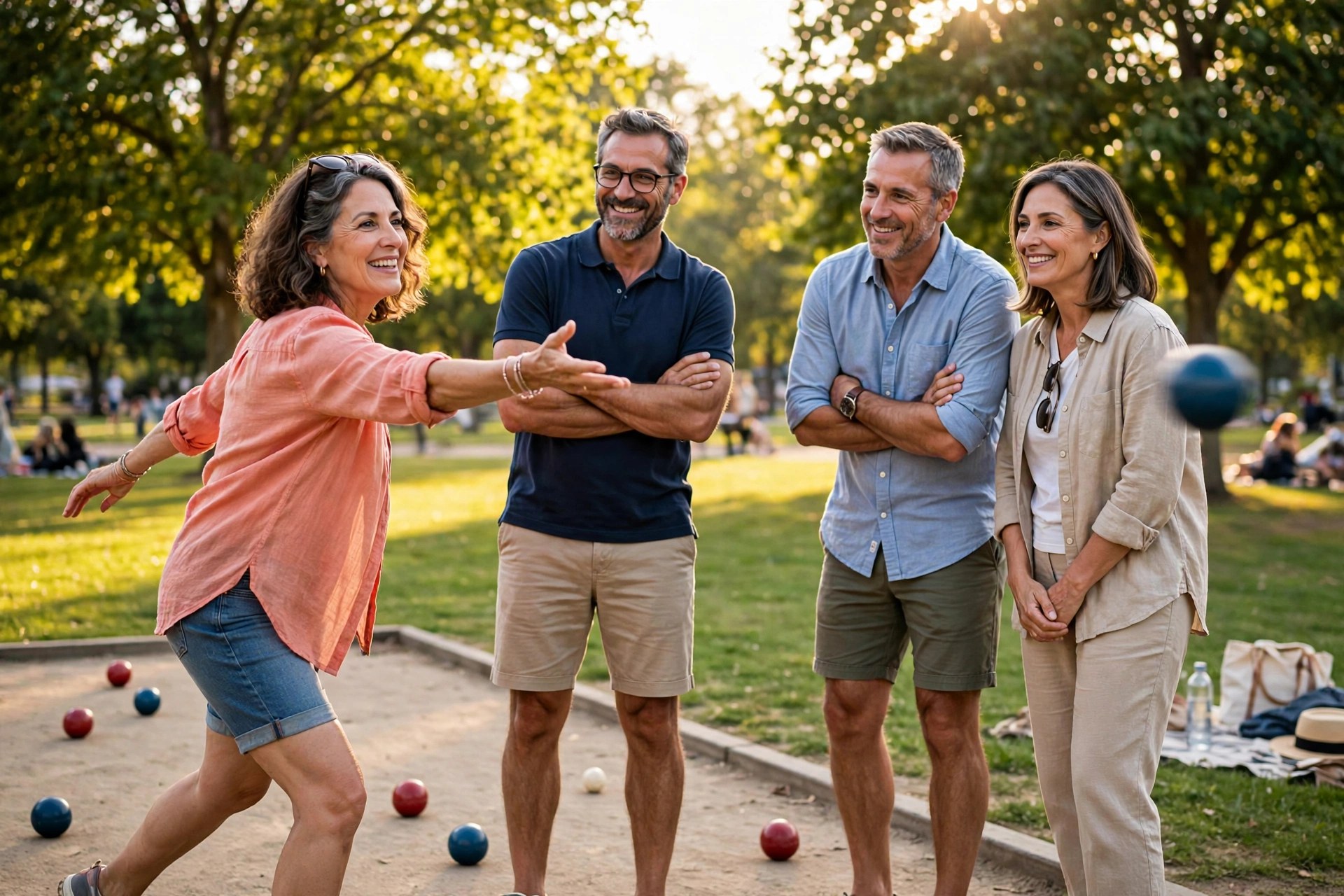Two mature couples playing bocce ball in a sunny park