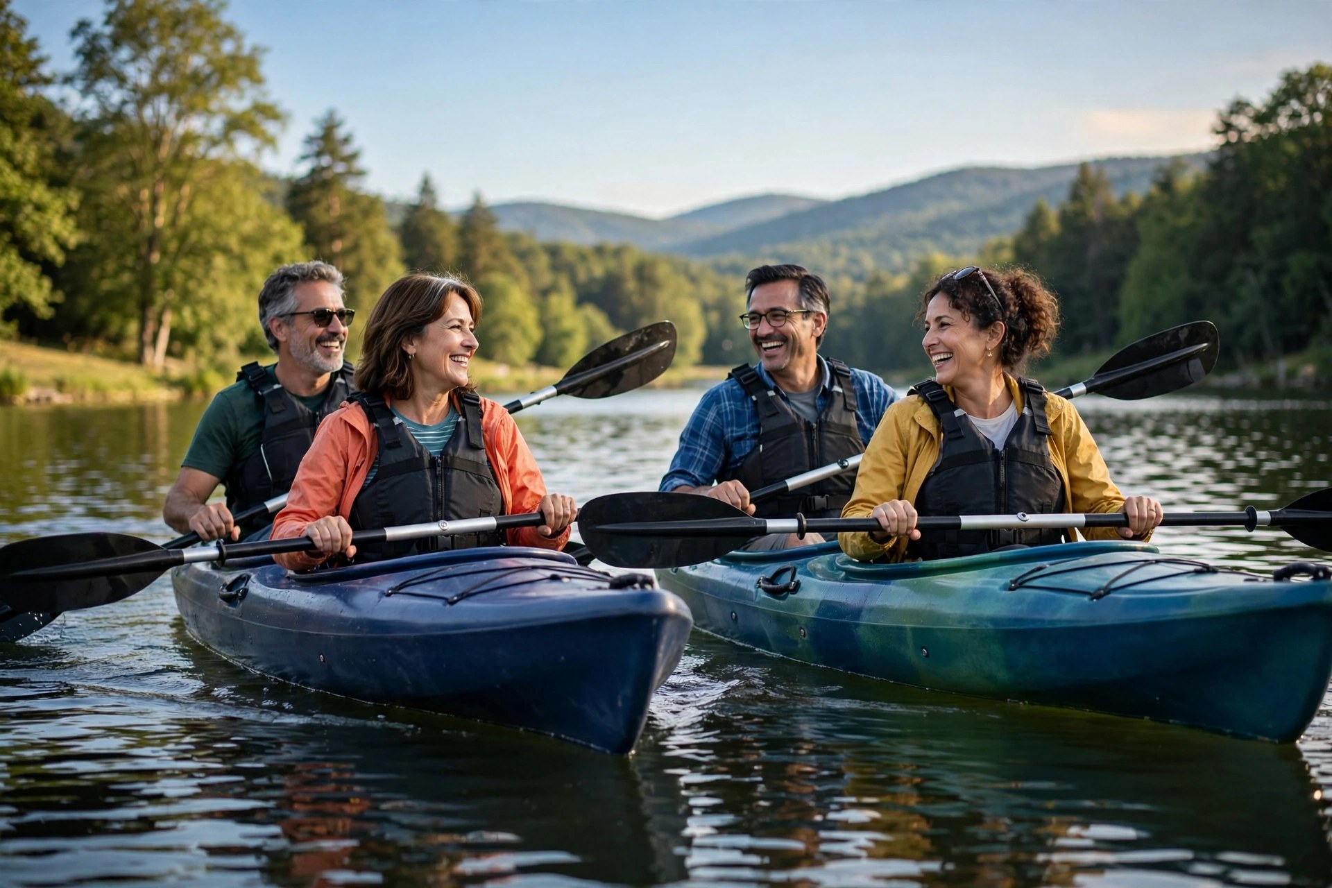 Two mature couples tandem kayaking on a calm lake
