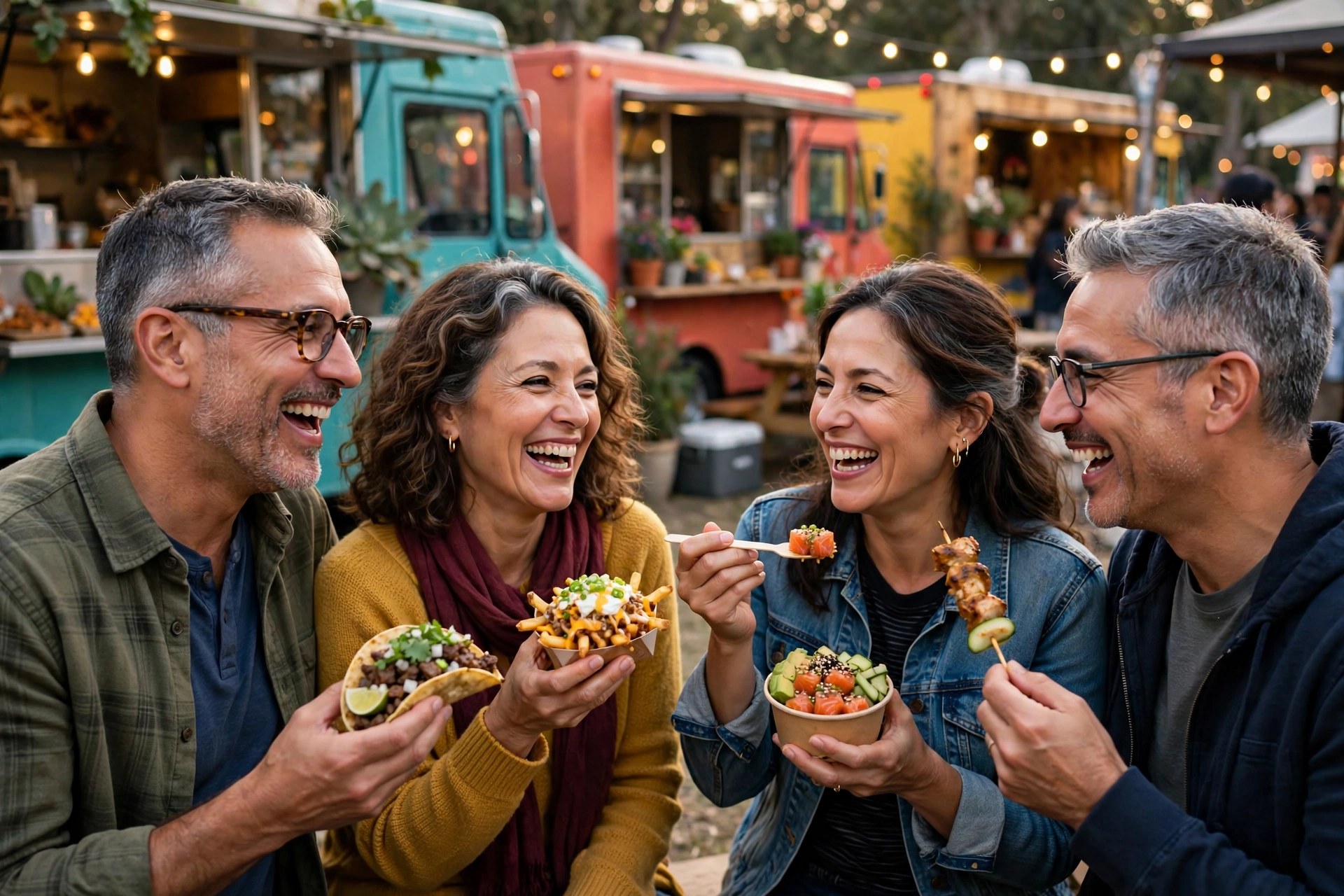Two mature couples tasting food at a food truck festival