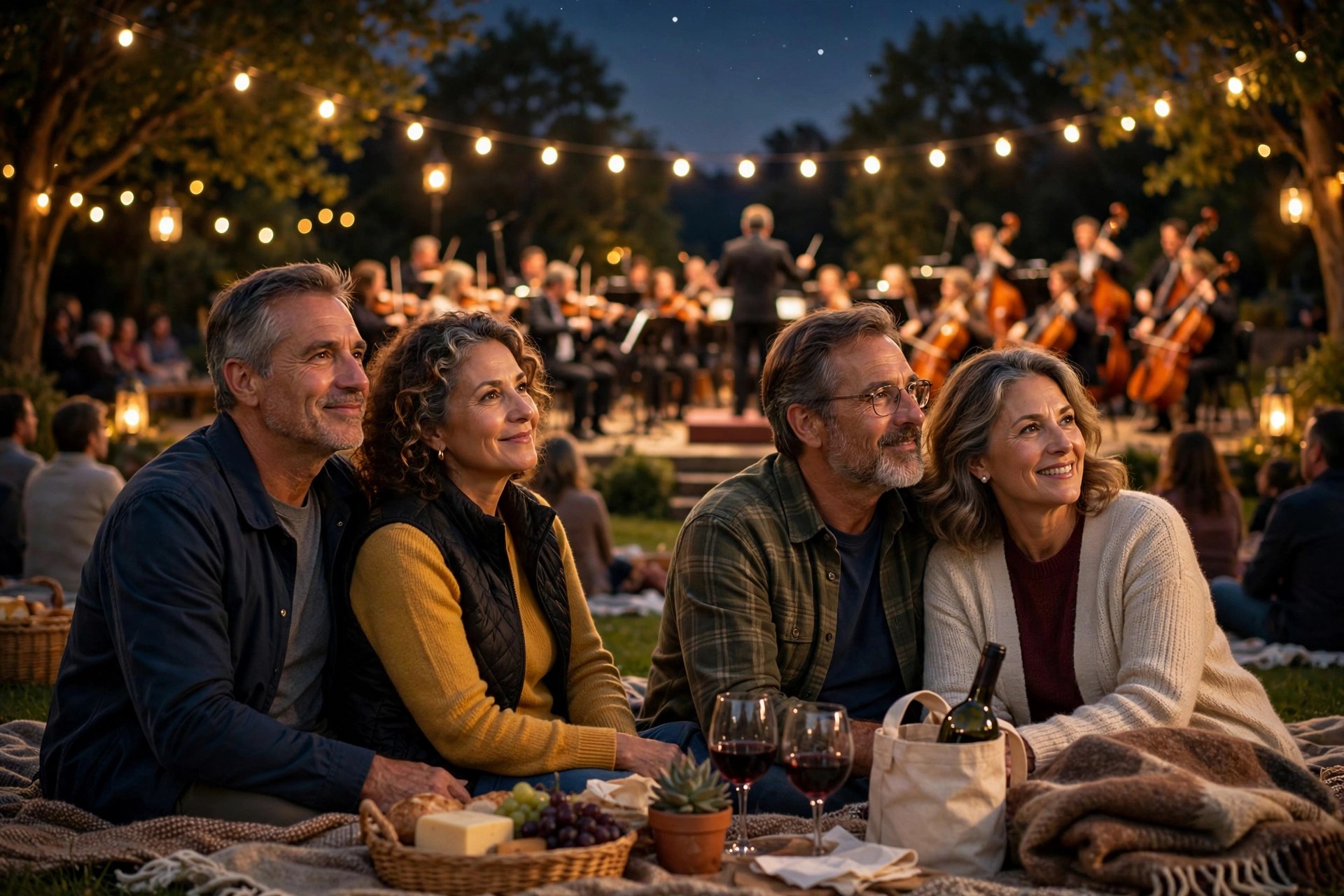Two mature couples at an outdoor symphony concert under the stars