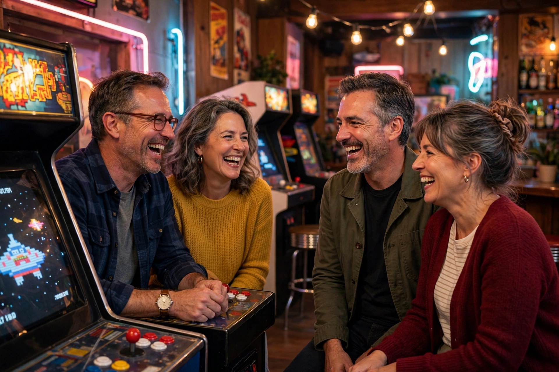 Two mature couples playing games at a retro arcade bar