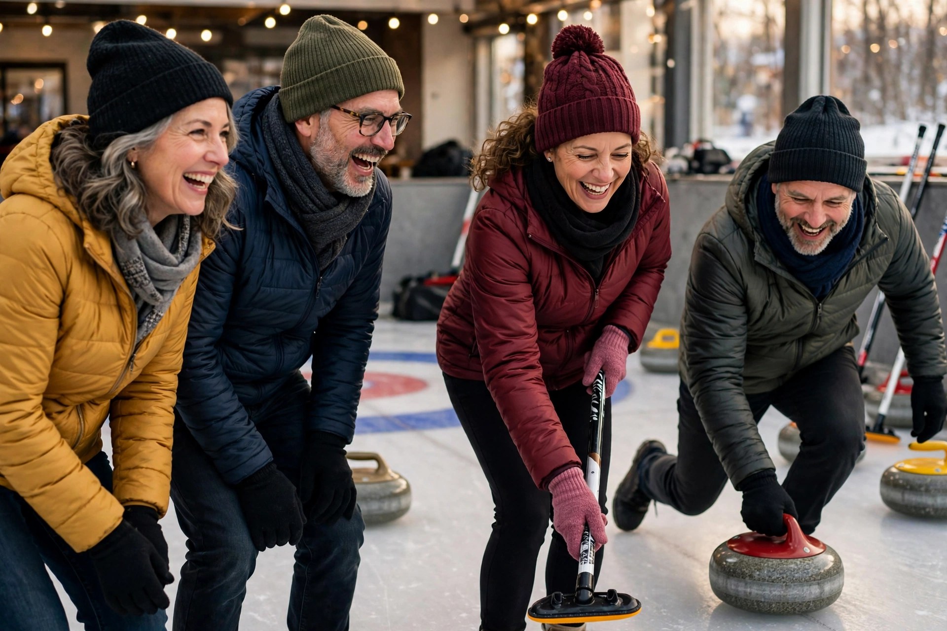 Two mature couples learning to curl on an ice rink