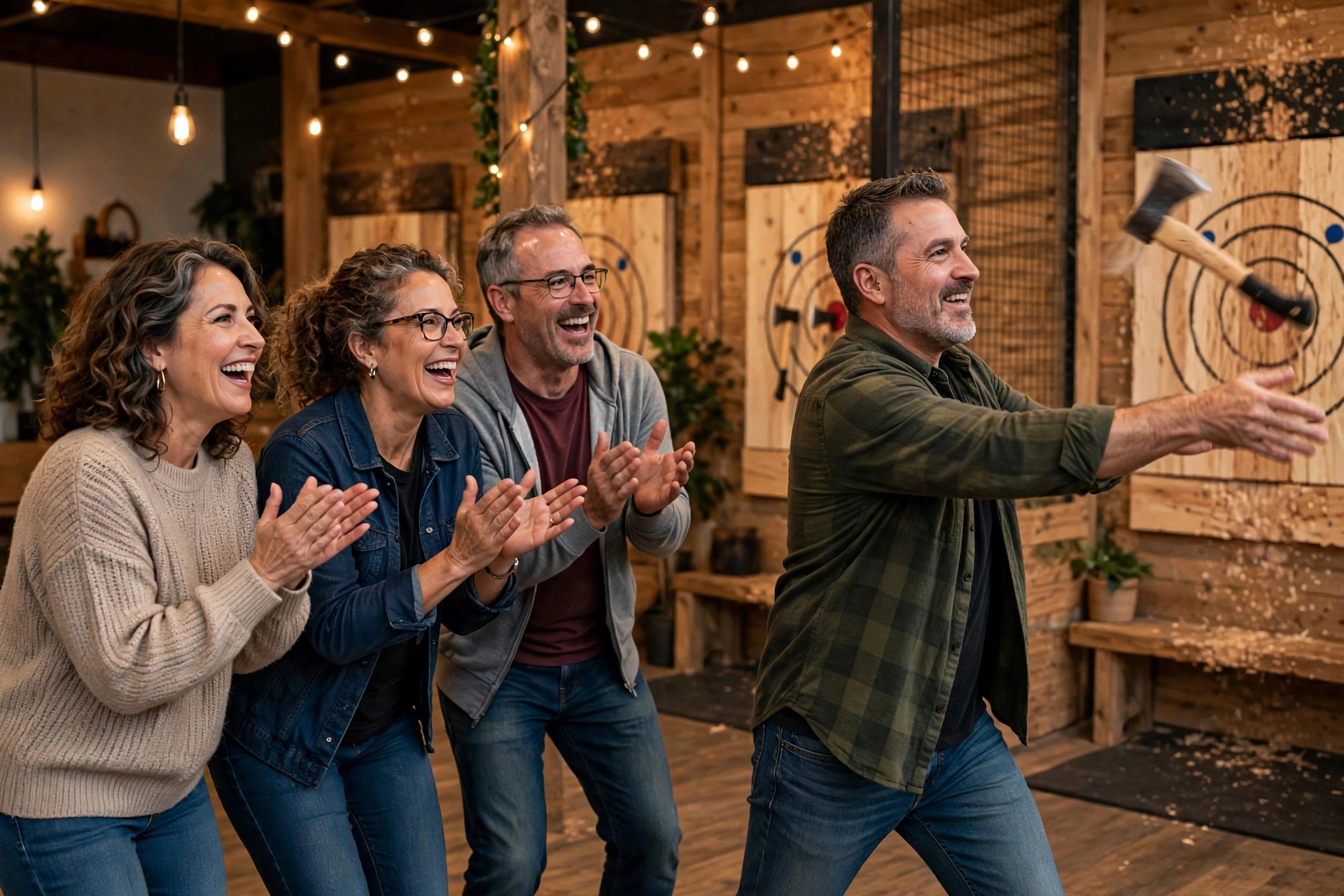 Two mature couples axe throwing at an indoor venue