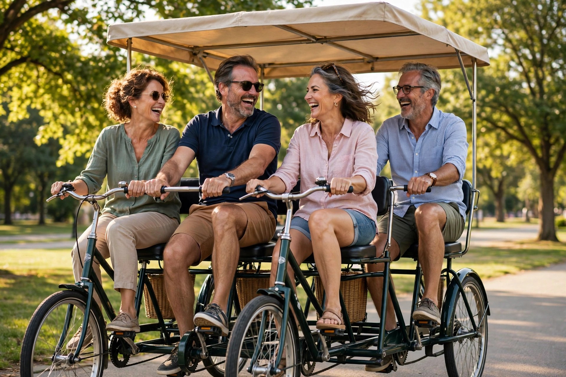 Two mature couples riding a four-person surrey bike in a park