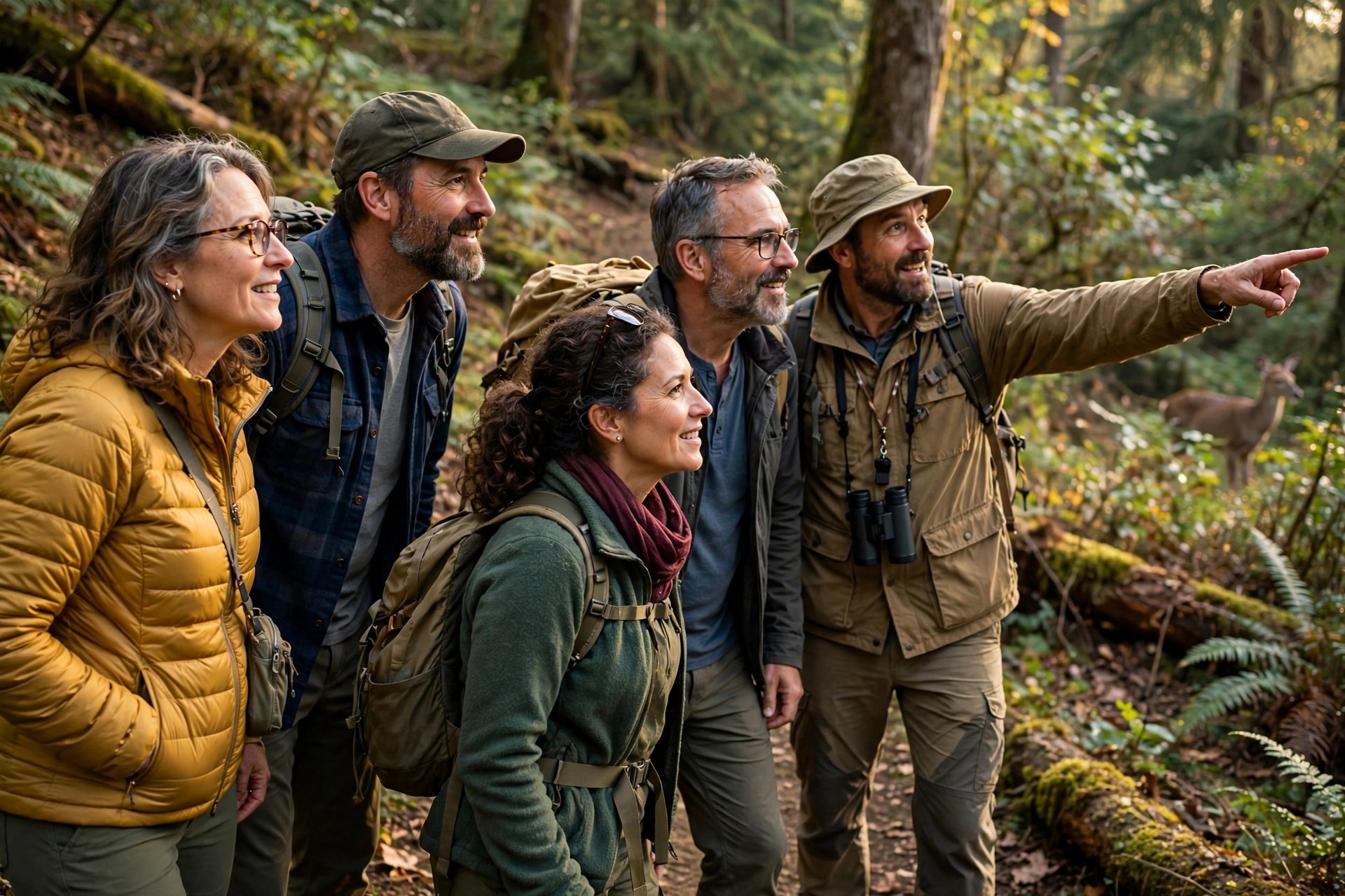 Two mature couples on a guided nature walk in a forest