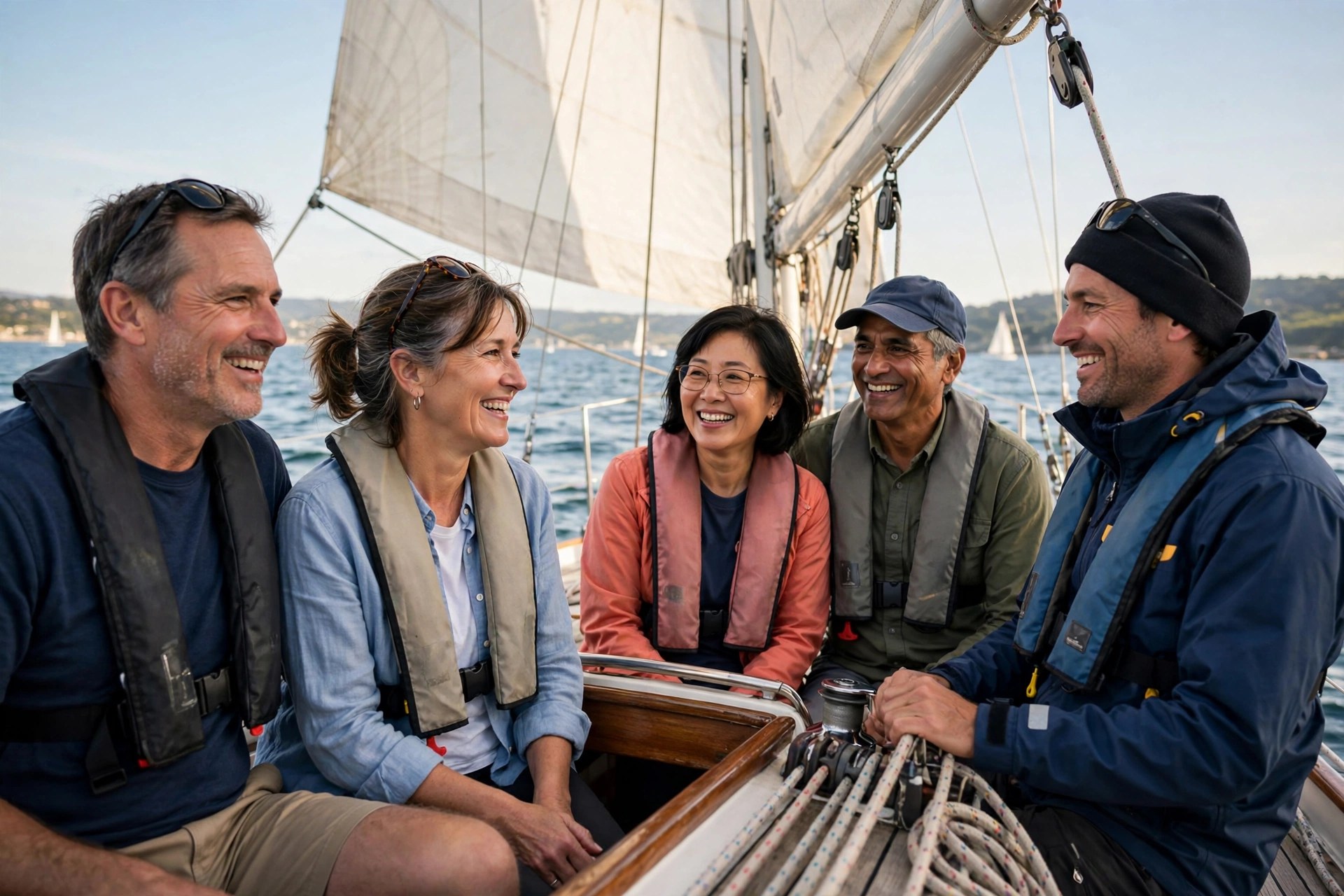 Two mature couples taking an intro sailing lesson on a sailboat