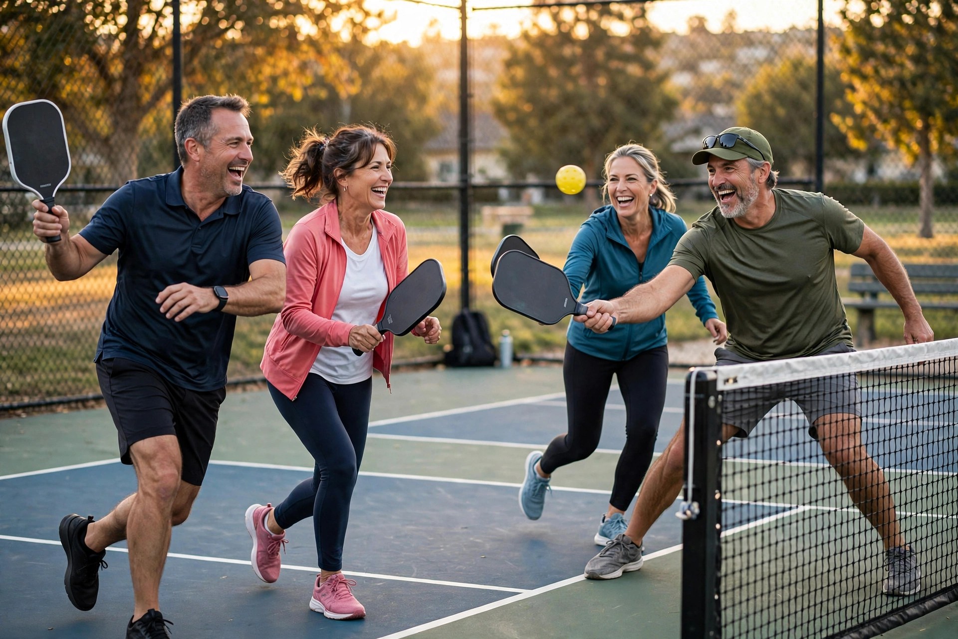 Two mature couples playing pickleball doubles on a court