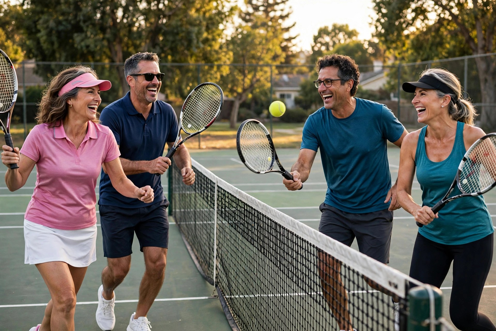 Two mature couples playing tennis doubles on a court