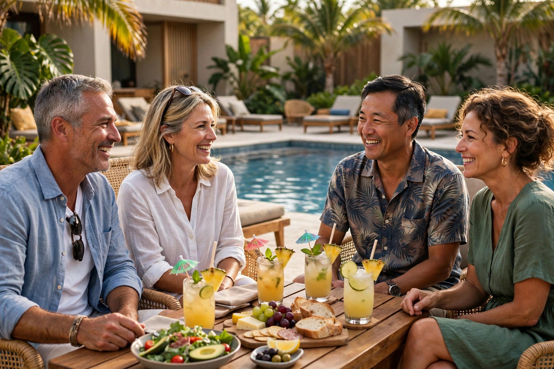 Two mature couples relaxing at a resort pool with lunch