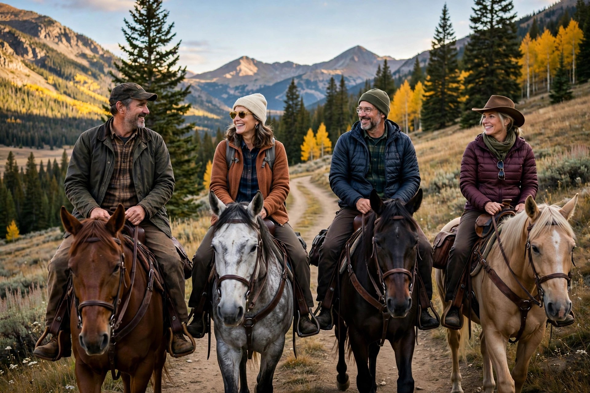 Two mature couples horseback riding on a scenic trail