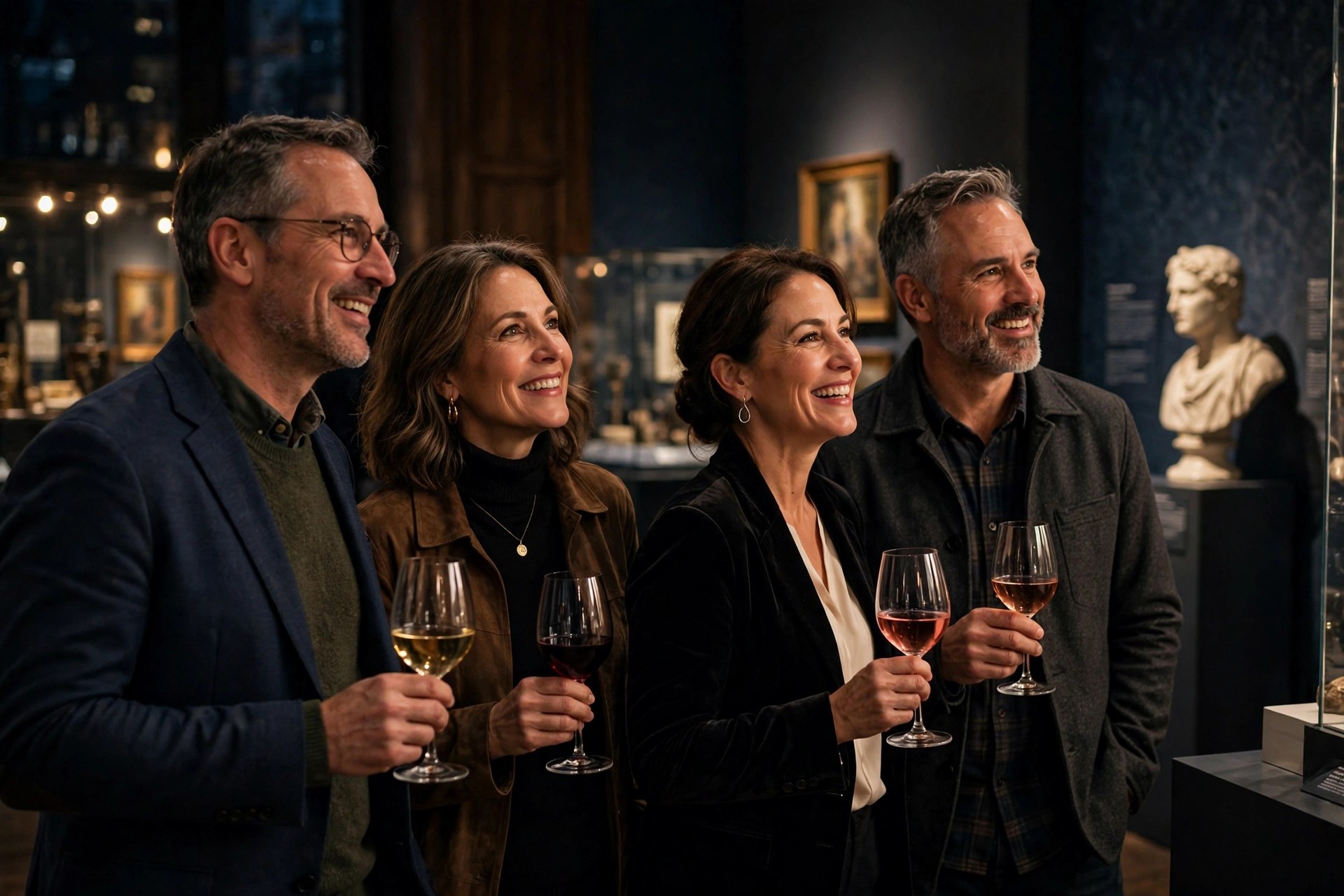Two mature couples at a museum after-hours evening event