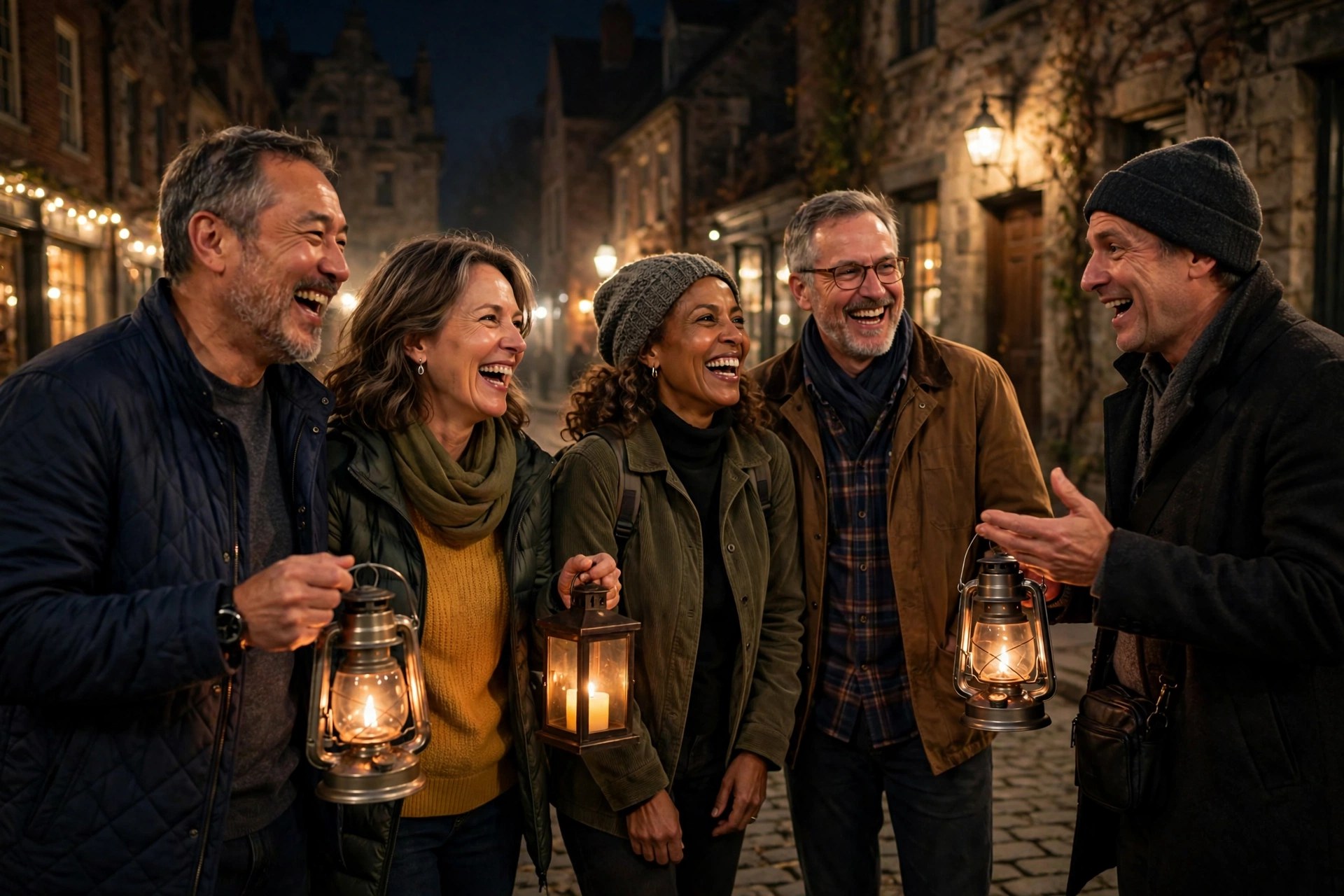 Two mature couples on a lantern-lit ghost tour at night