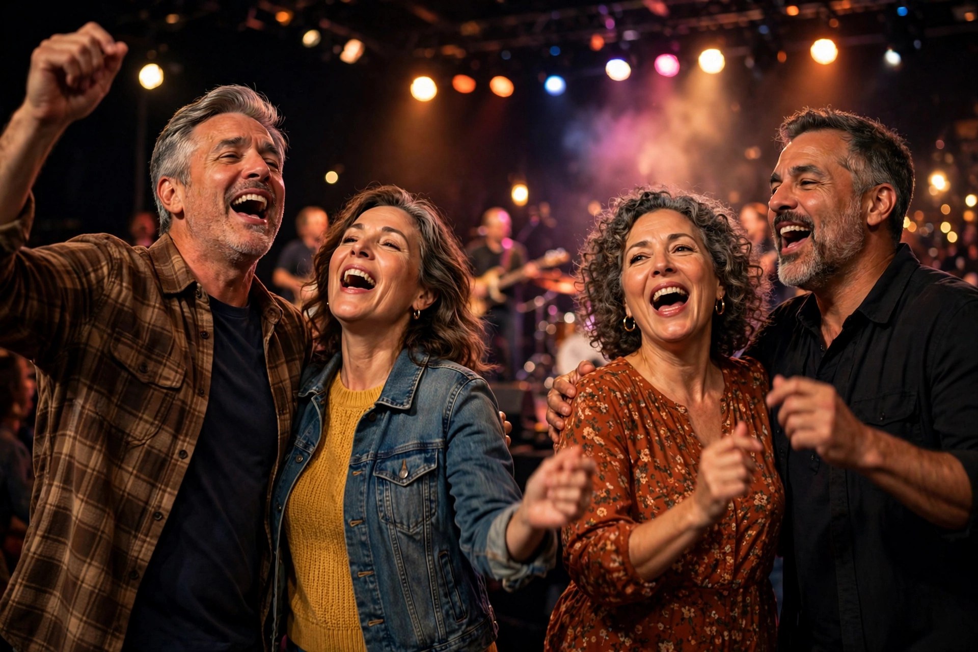 Two mature couples dancing at a tribute band concert